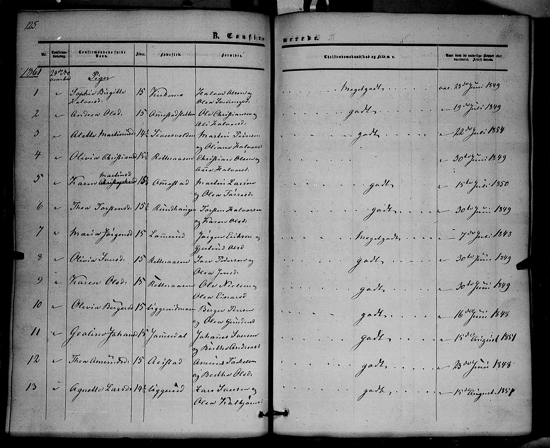 Hof prestekontor, SAH/PREST-038/H/Ha/Haa/L0008: Parish register (official) no. 8, 1849-1861, p. 125