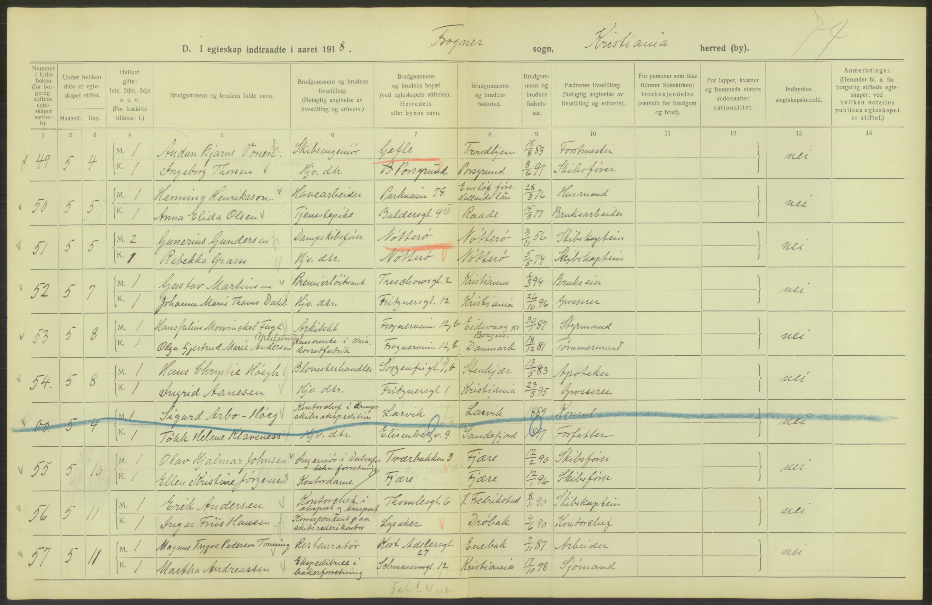 Statistisk sentralbyrå, Sosiodemografiske emner, Befolkning, AV/RA-S-2228/D/Df/Dfb/Dfbh/L0009: Kristiania: Gifte, 1918, p. 138