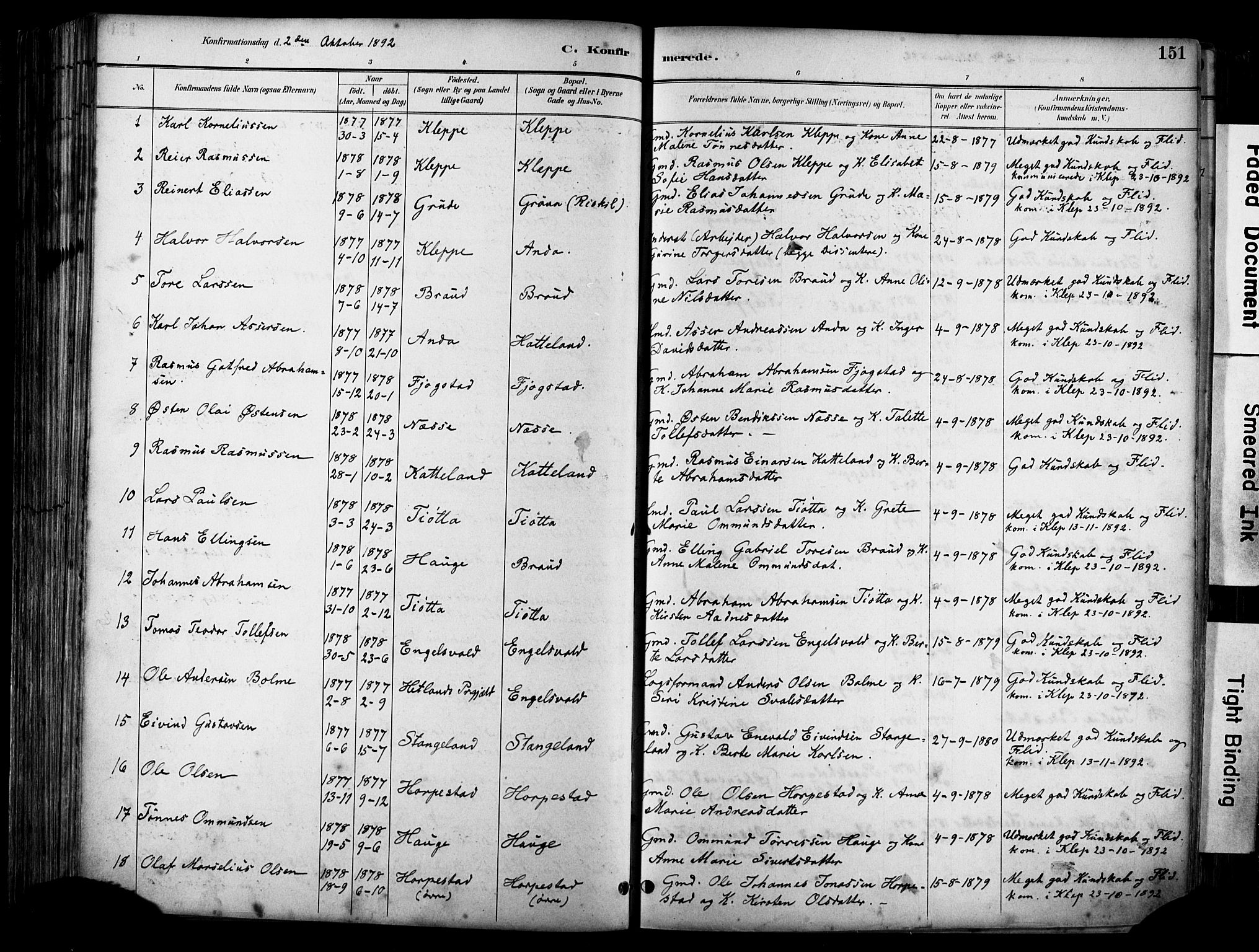 Klepp sokneprestkontor, SAST/A-101803/001/3/30BA/L0009: Parish register (official) no. A 7, 1886-1915, p. 151