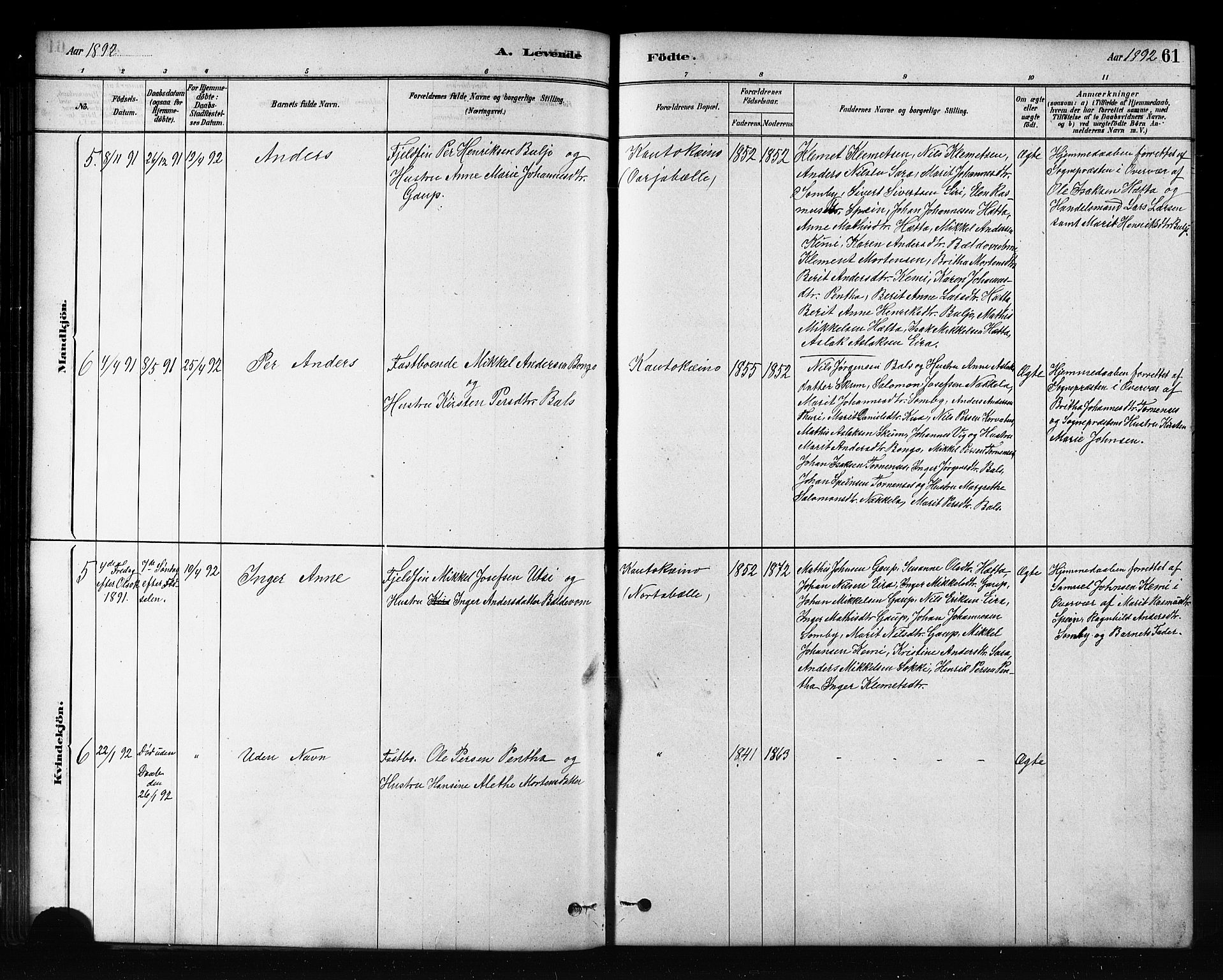 Kautokeino sokneprestembete, AV/SATØ-S-1340/H/Hb/L0002.klokk: Parish register (copy) no. 2, 1877-1896, p. 61