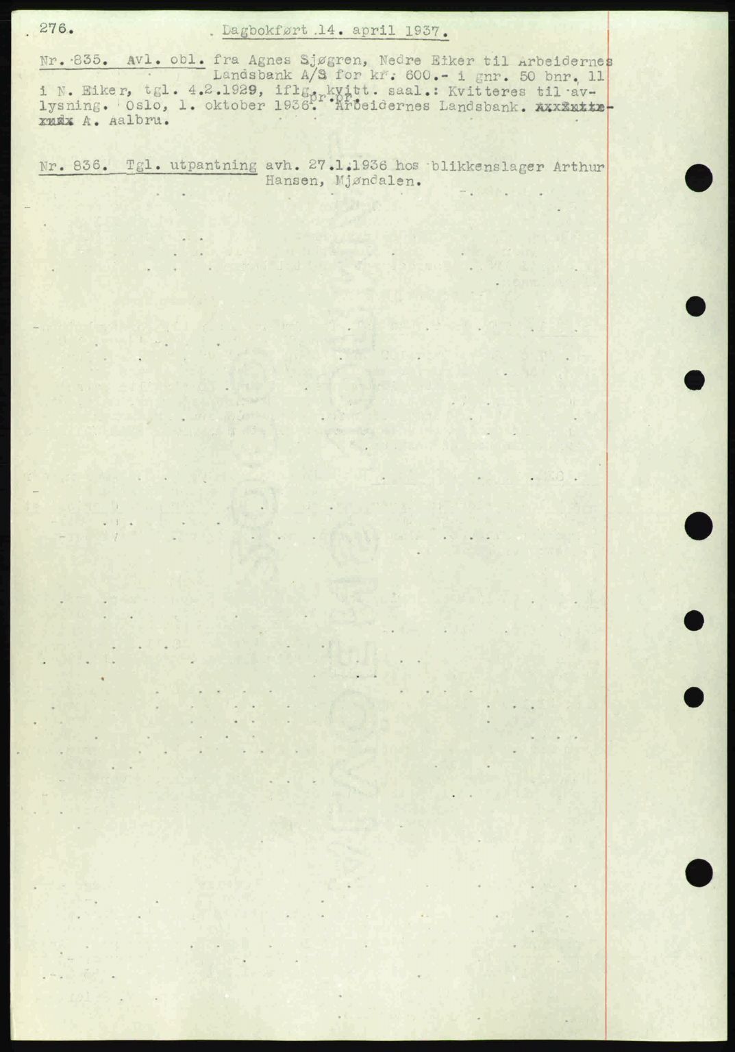 Eiker, Modum og Sigdal sorenskriveri, SAKO/A-123/G/Ga/Gab/L0035: Mortgage book no. A5, 1937-1937, Diary no: : 835/1937