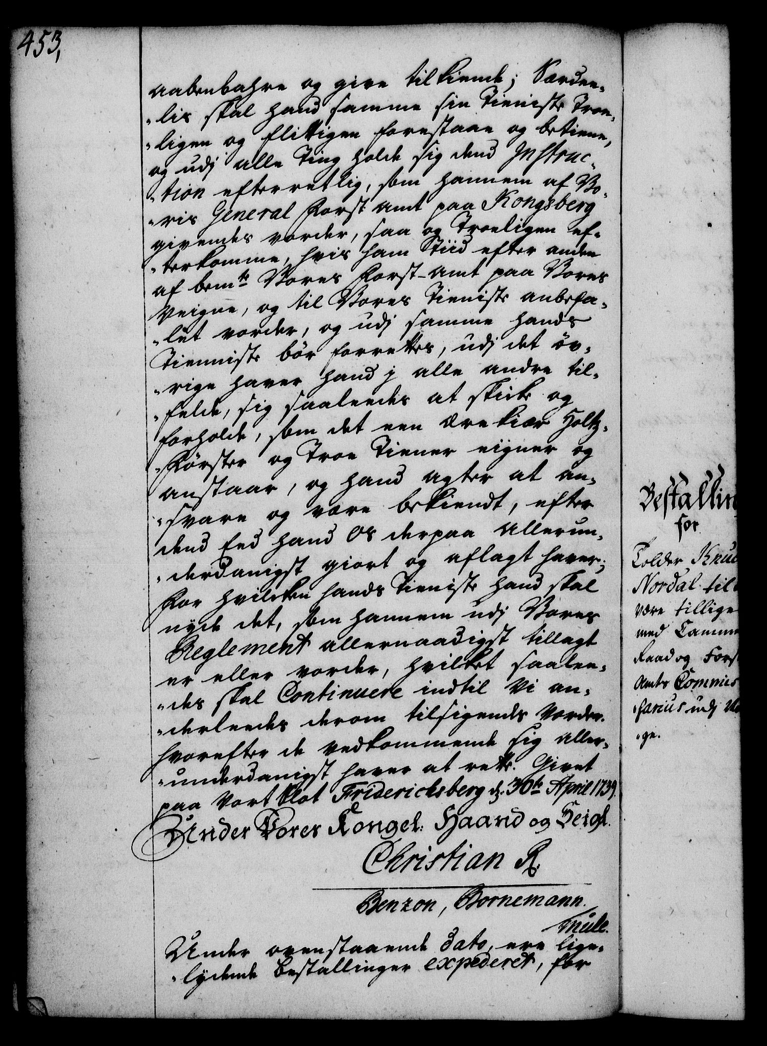 Rentekammeret, Kammerkanselliet, RA/EA-3111/G/Gg/Gge/L0002: Norsk bestallingsprotokoll med register (merket RK 53.26), 1730-1744, p. 453