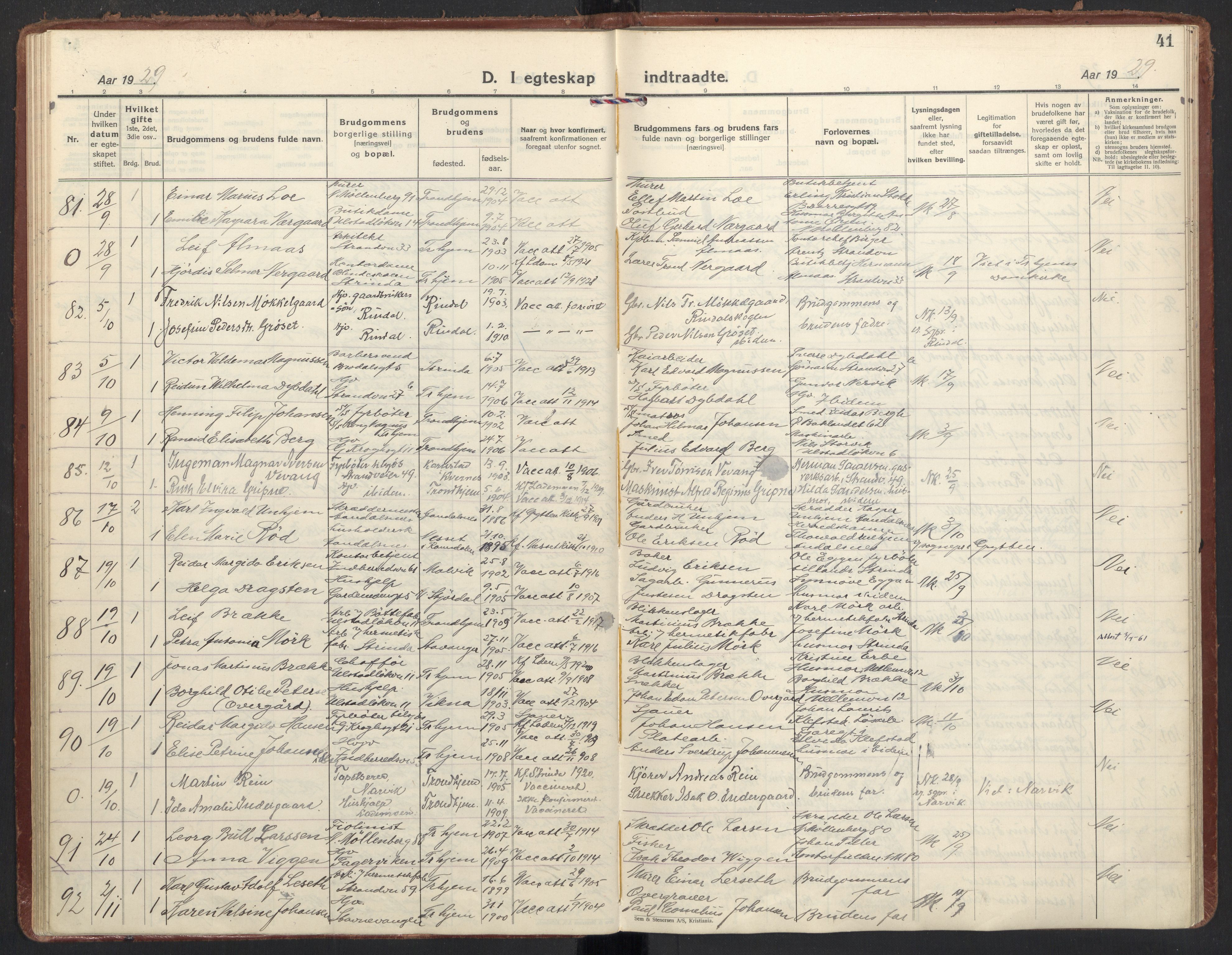 Ministerialprotokoller, klokkerbøker og fødselsregistre - Sør-Trøndelag, AV/SAT-A-1456/605/L0249: Parish register (official) no. 605A11, 1925-1936, p. 41