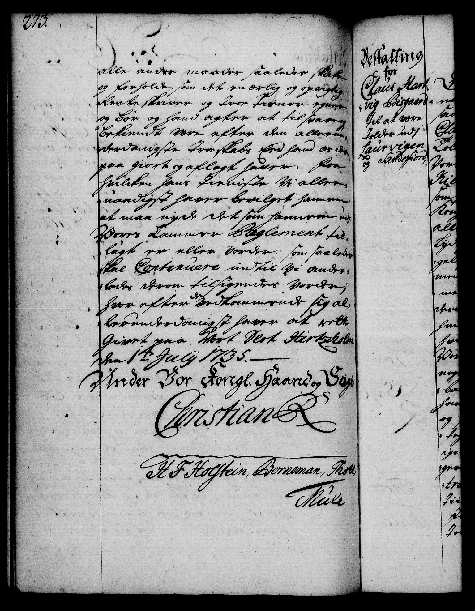 Rentekammeret, Kammerkanselliet, RA/EA-3111/G/Gg/Gge/L0002: Norsk bestallingsprotokoll med register (merket RK 53.26), 1730-1744, p. 273