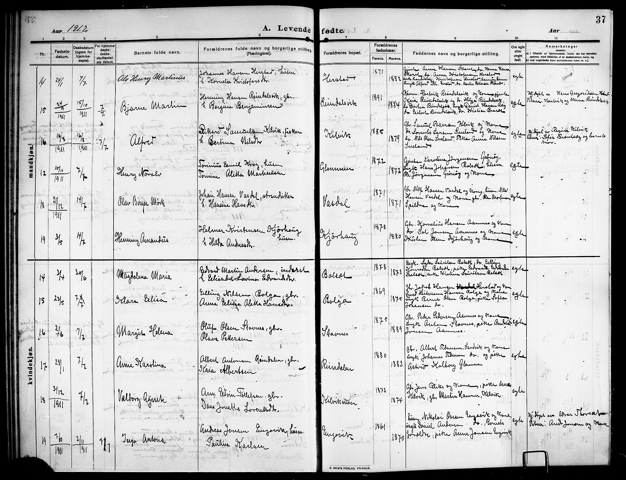 Ministerialprotokoller, klokkerbøker og fødselsregistre - Nordland, SAT/A-1459/843/L0639: Parish register (copy) no. 843C08, 1908-1924, p. 37