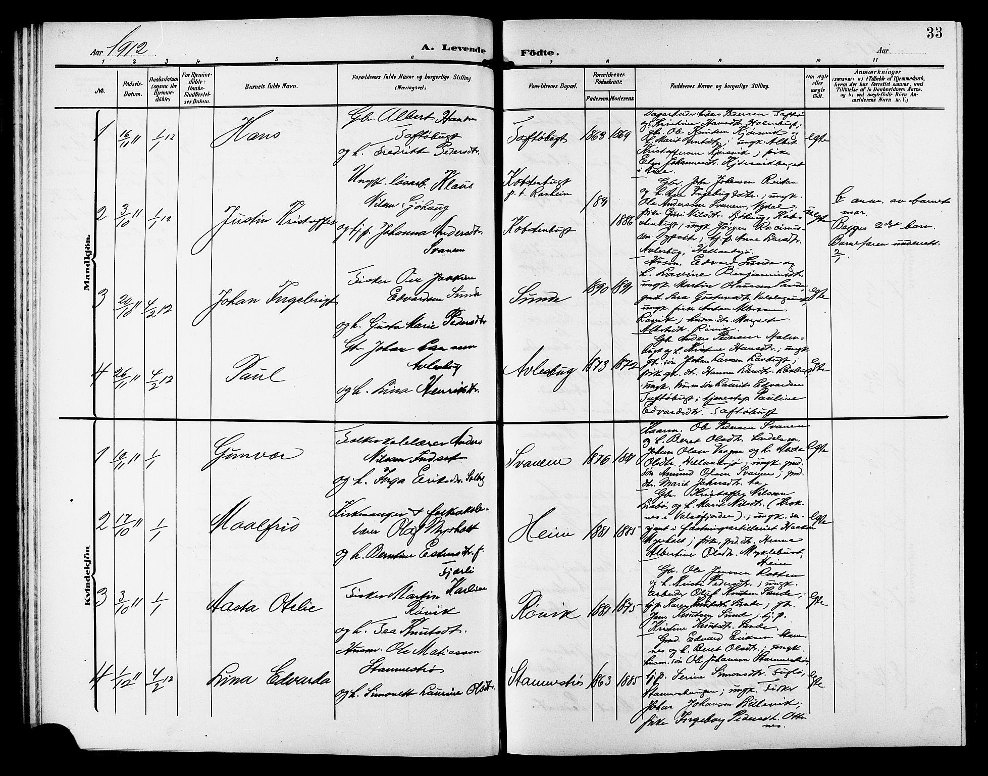 Ministerialprotokoller, klokkerbøker og fødselsregistre - Sør-Trøndelag, AV/SAT-A-1456/633/L0520: Parish register (copy) no. 633C02, 1906-1921, p. 33