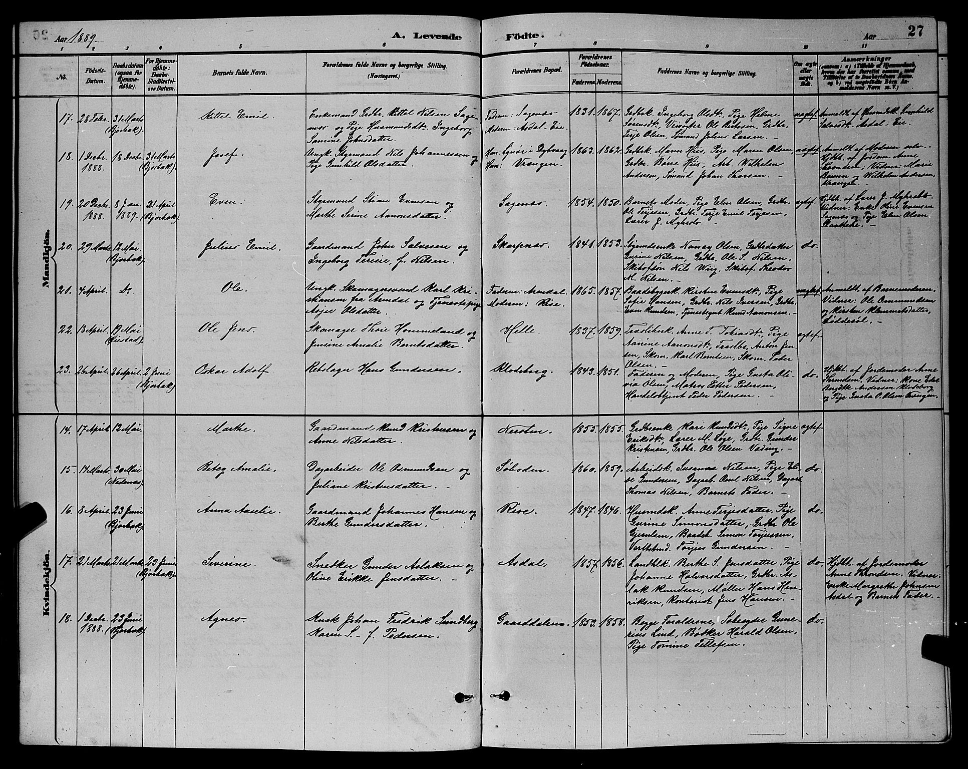 Øyestad sokneprestkontor, AV/SAK-1111-0049/F/Fb/L0009: Parish register (copy) no. B 9, 1886-1896, p. 27