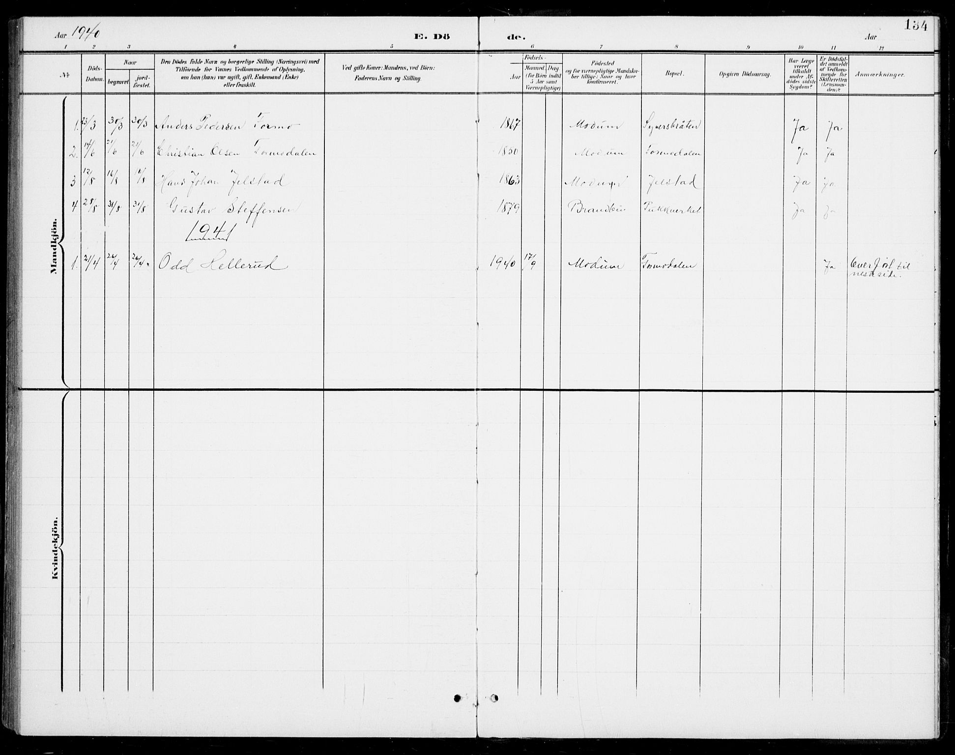 Modum kirkebøker, AV/SAKO-A-234/G/Gb/L0001: Parish register (copy) no. II 1, 1901-1942, p. 134
