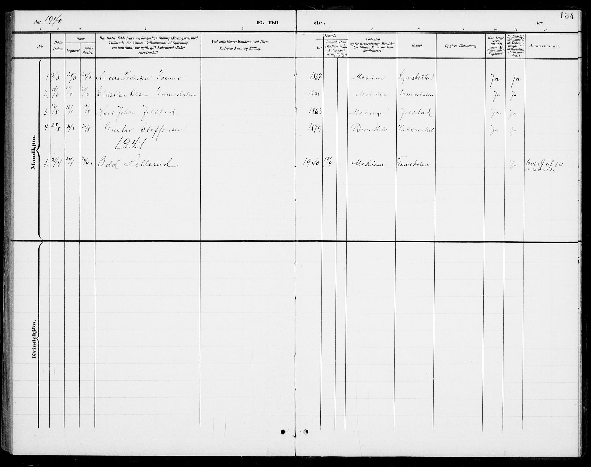 Modum kirkebøker, SAKO/A-234/G/Gb/L0001: Parish register (copy) no. II 1, 1901-1942, p. 134