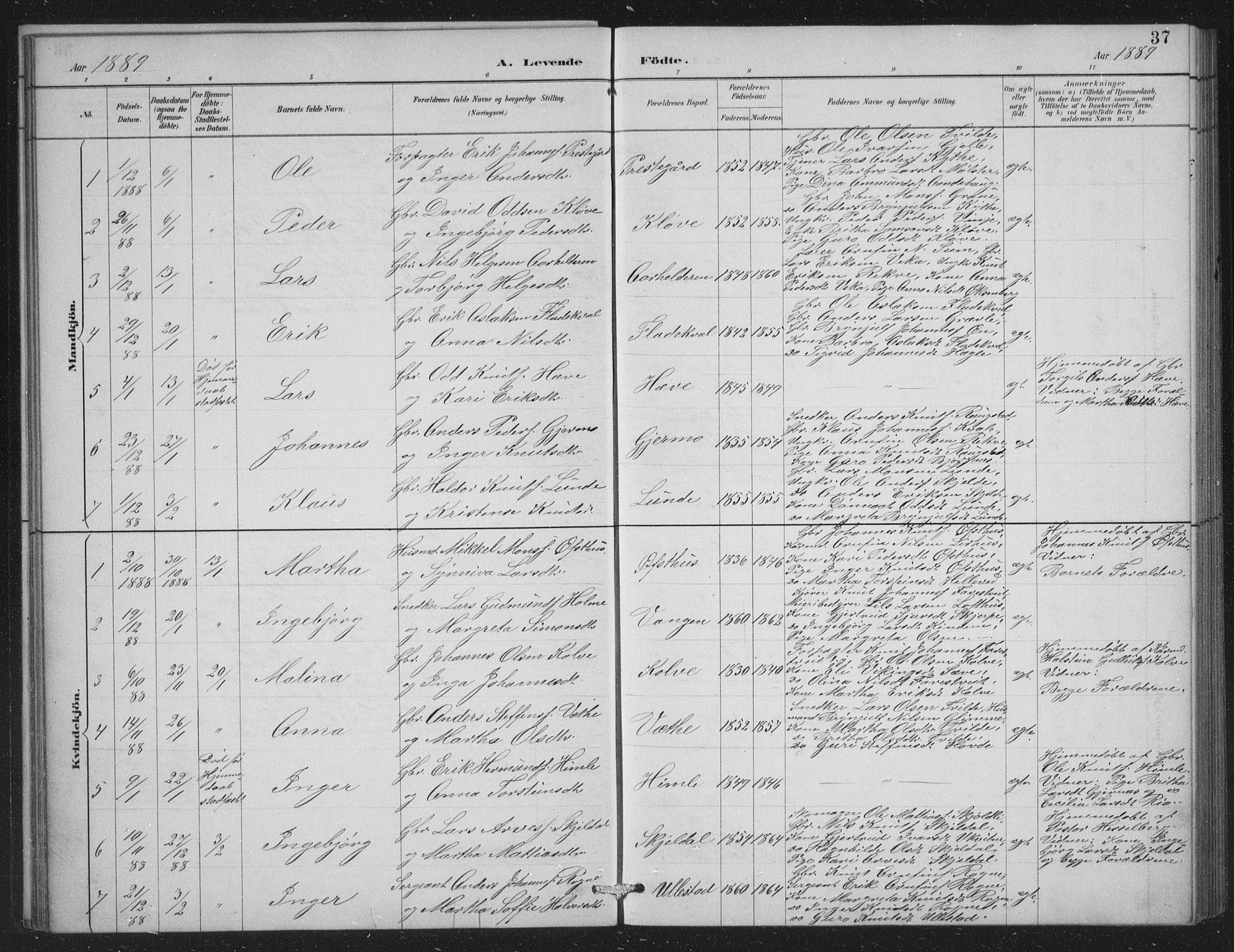 Voss sokneprestembete, SAB/A-79001/H/Hab: Parish register (copy) no. C 1, 1886-1899, p. 37