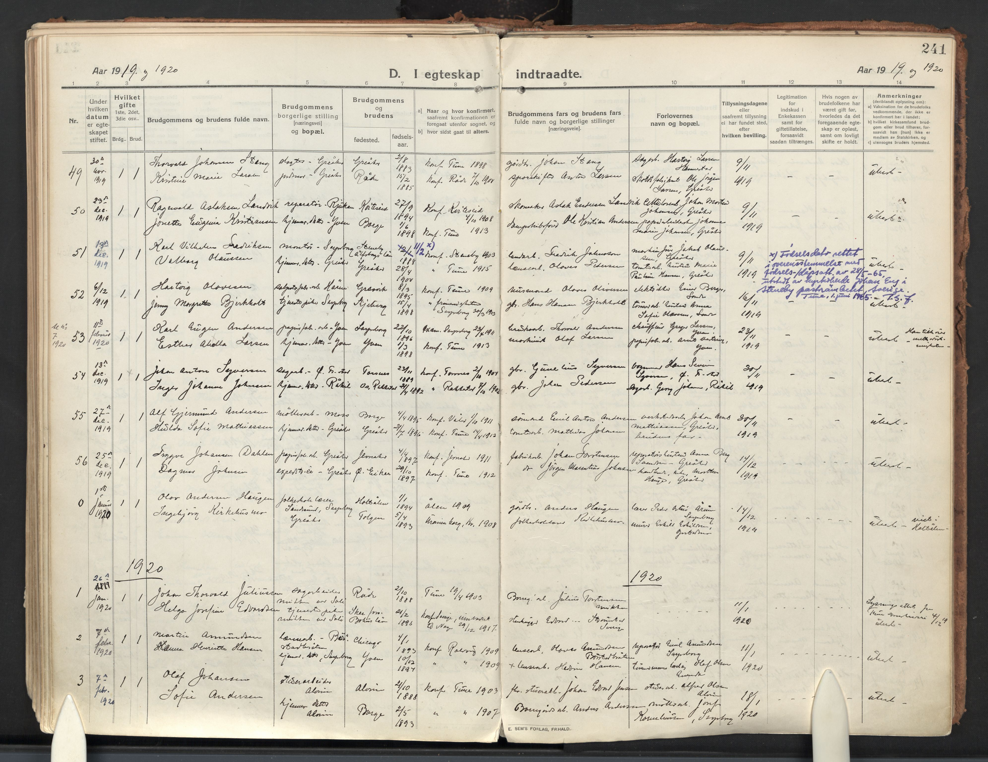 Tune prestekontor Kirkebøker, AV/SAO-A-2007/F/Fa/L0022: Parish register (official) no. 22, 1917-1925, p. 241