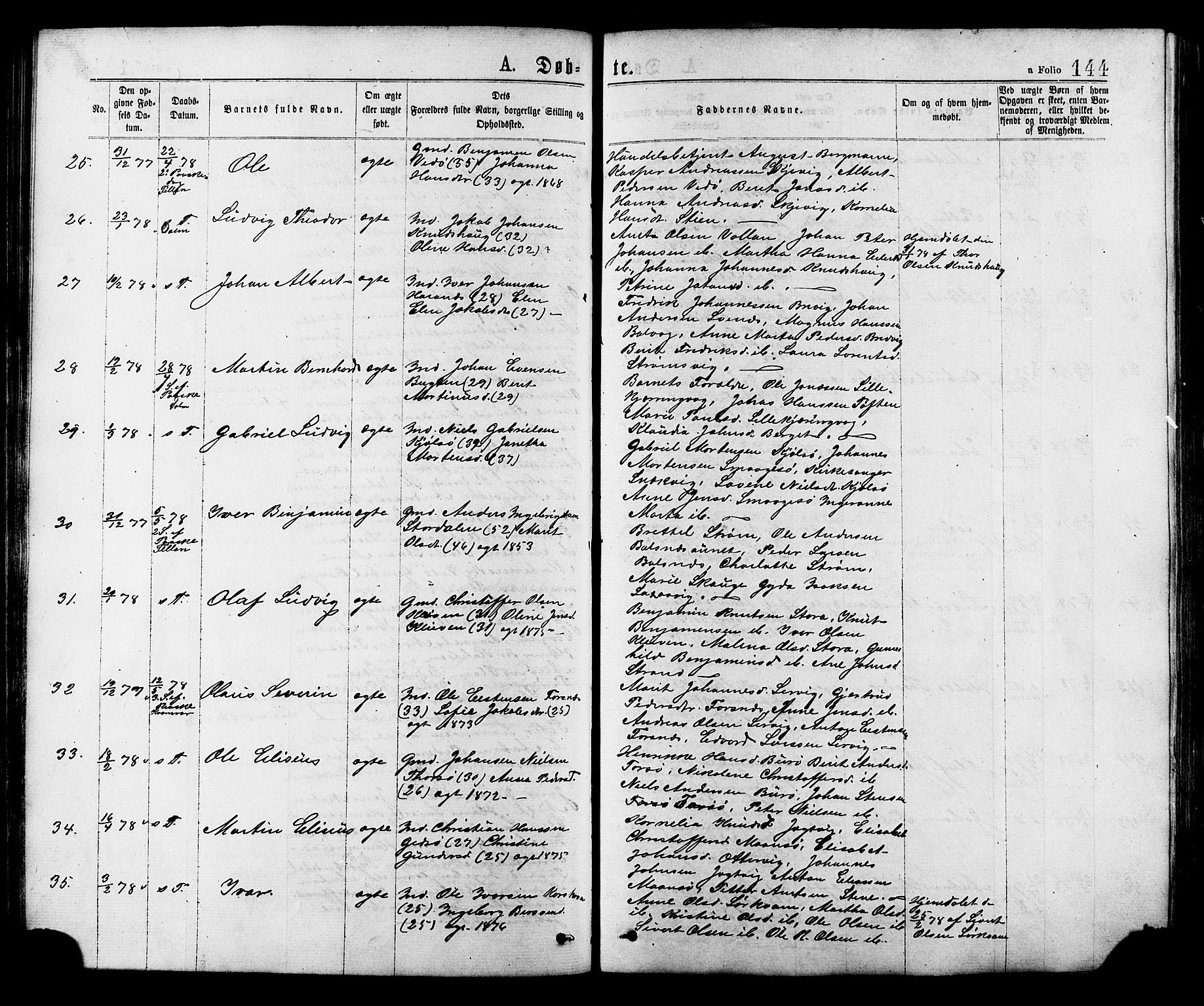 Ministerialprotokoller, klokkerbøker og fødselsregistre - Sør-Trøndelag, AV/SAT-A-1456/634/L0532: Parish register (official) no. 634A08, 1871-1881, p. 144