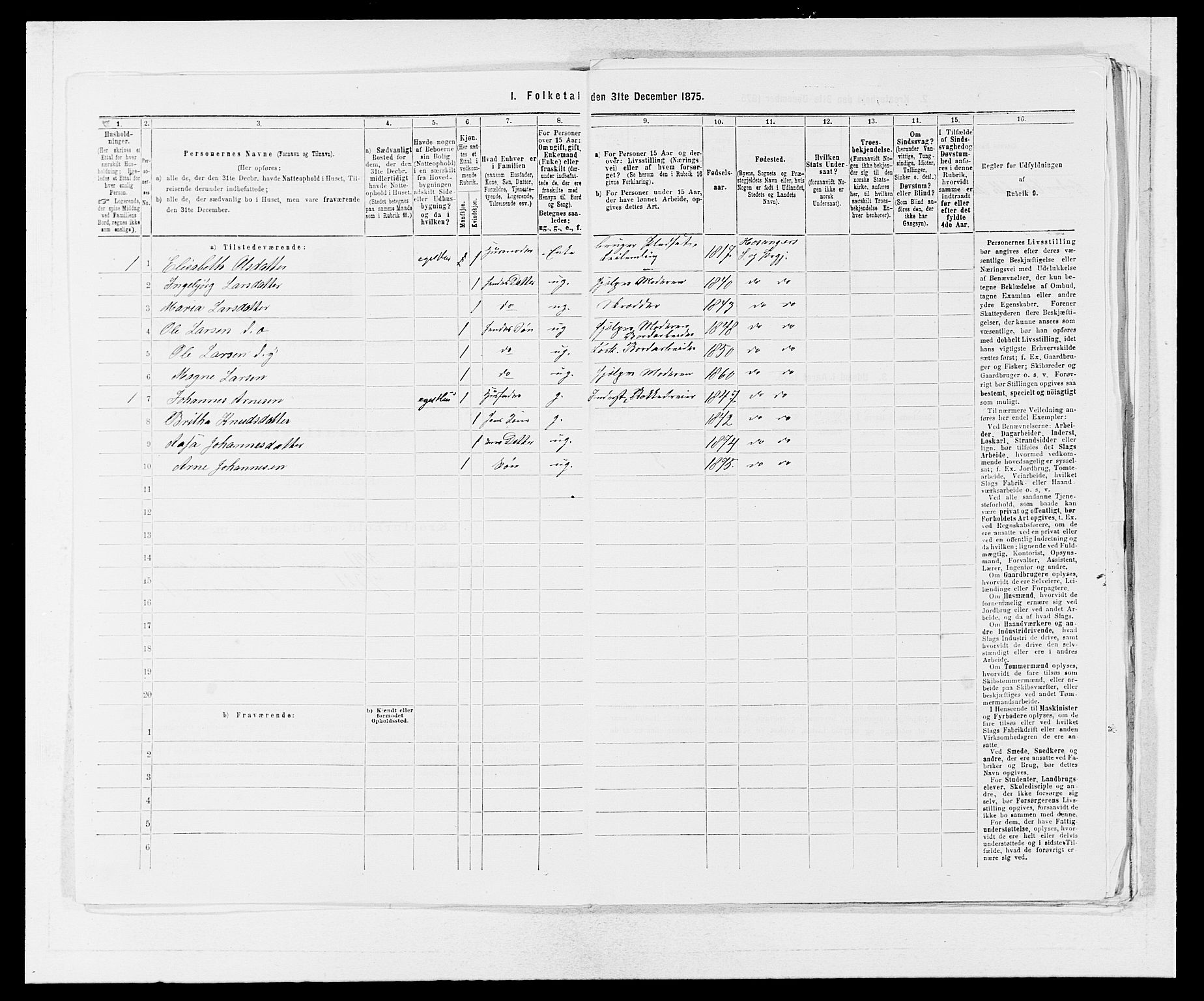 SAB, 1875 census for 1253P Hosanger, 1875, p. 850