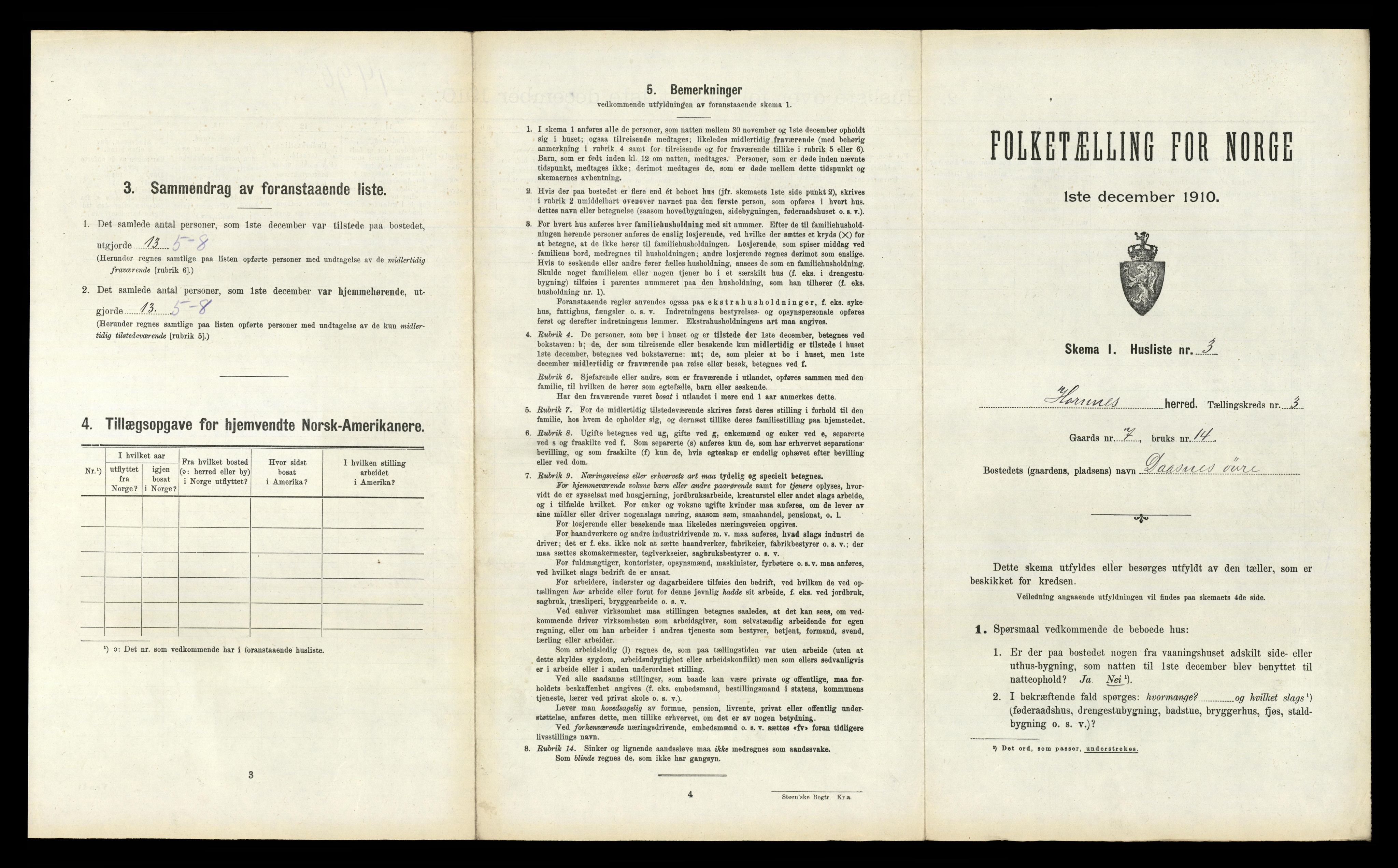 RA, 1910 census for Hornnes, 1910, p. 168