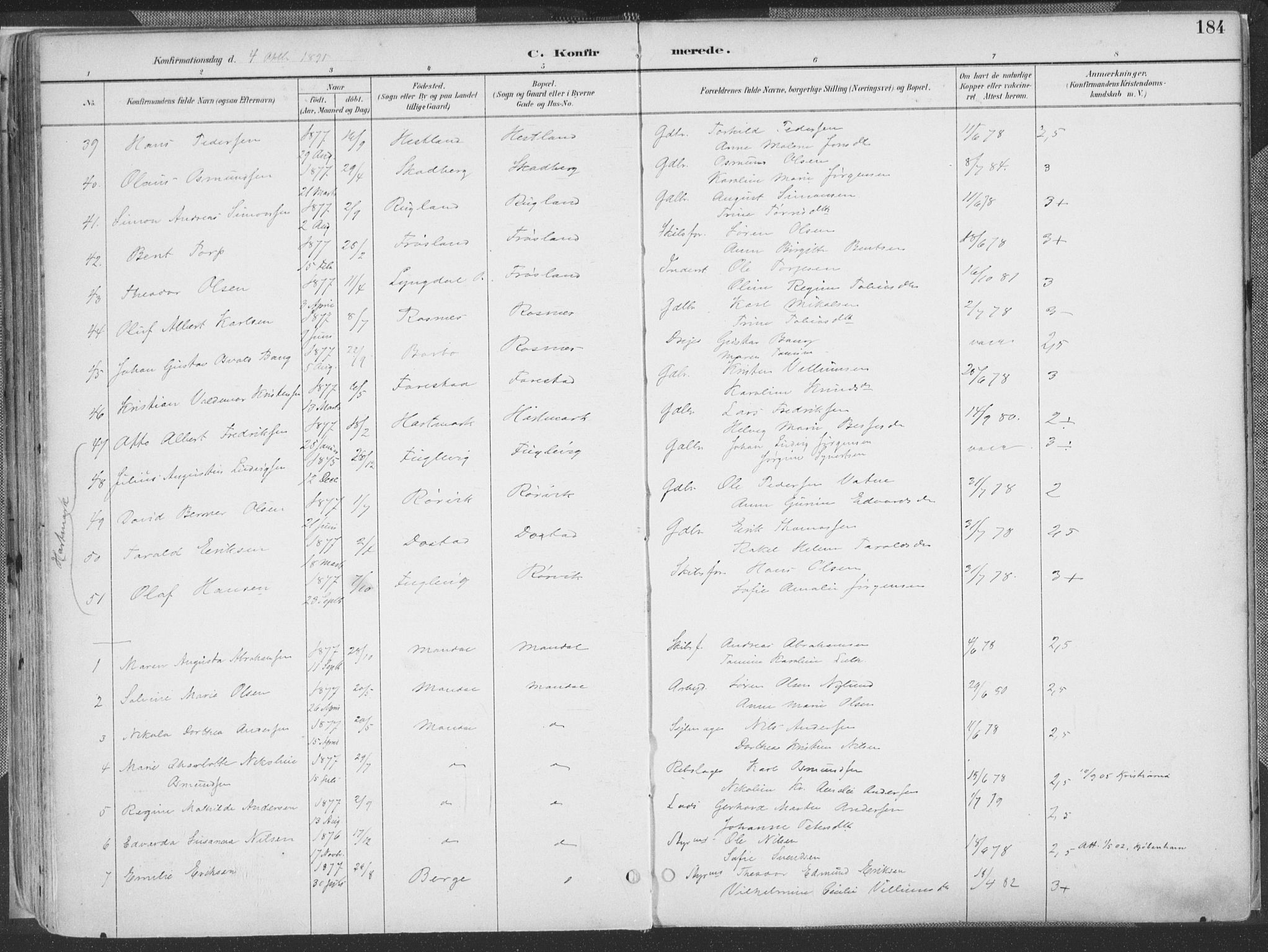 Mandal sokneprestkontor, SAK/1111-0030/F/Fa/Faa/L0018: Parish register (official) no. A 18, 1890-1905, p. 184