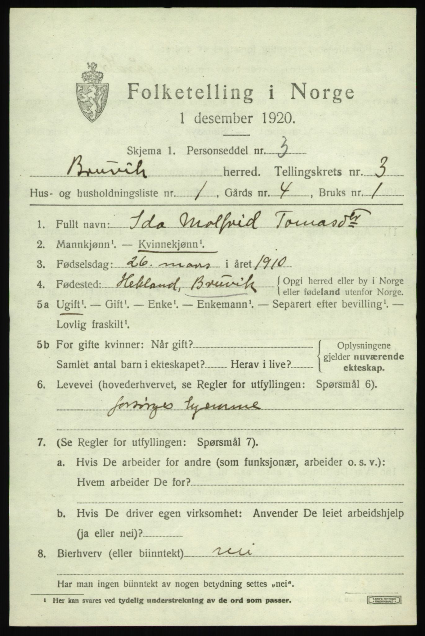 SAB, 1920 census for Bruvik, 1920, p. 1726