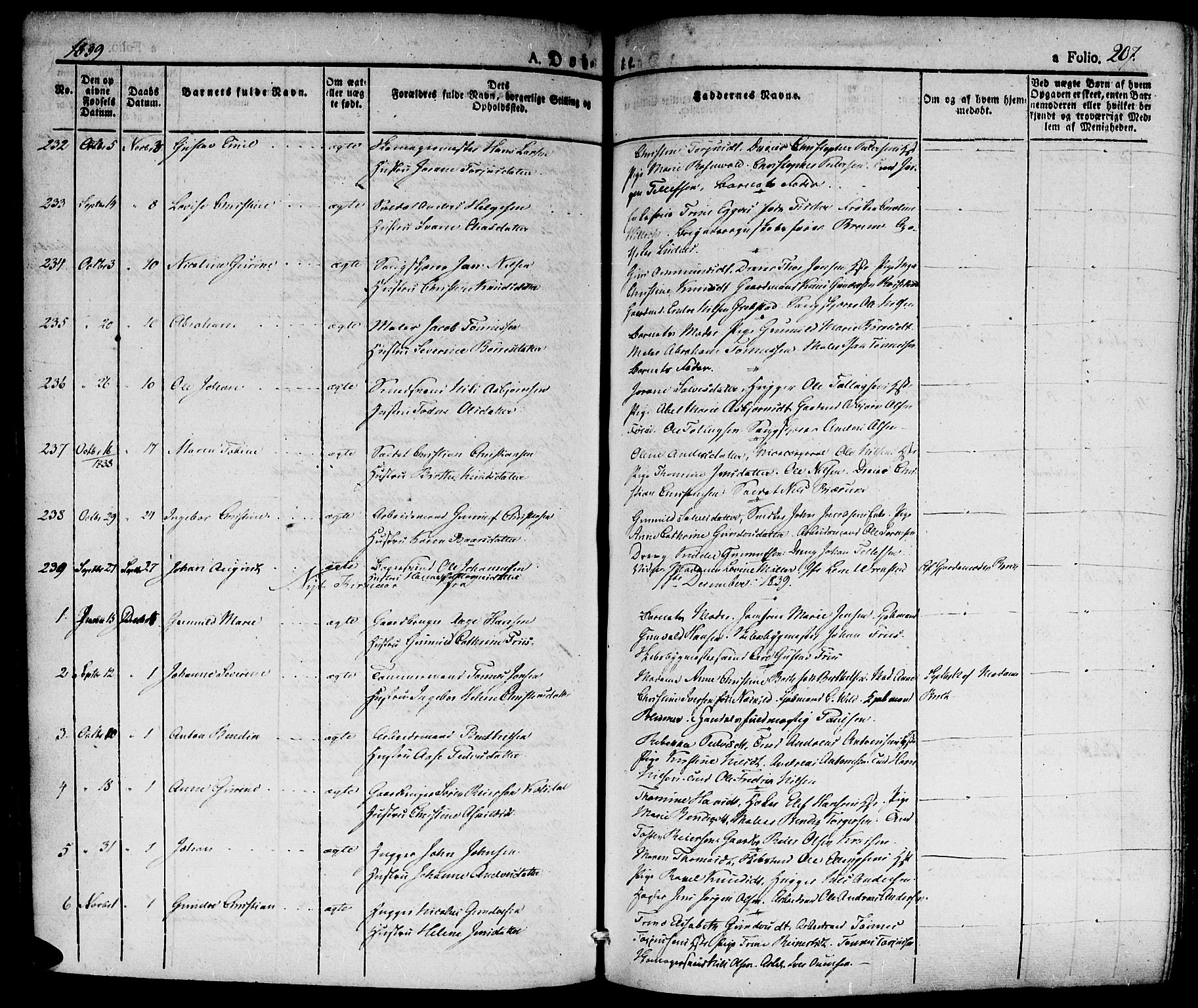 Kristiansand domprosti, AV/SAK-1112-0006/F/Fa/L0011: Parish register (official) no. A 11, 1827-1841, p. 207