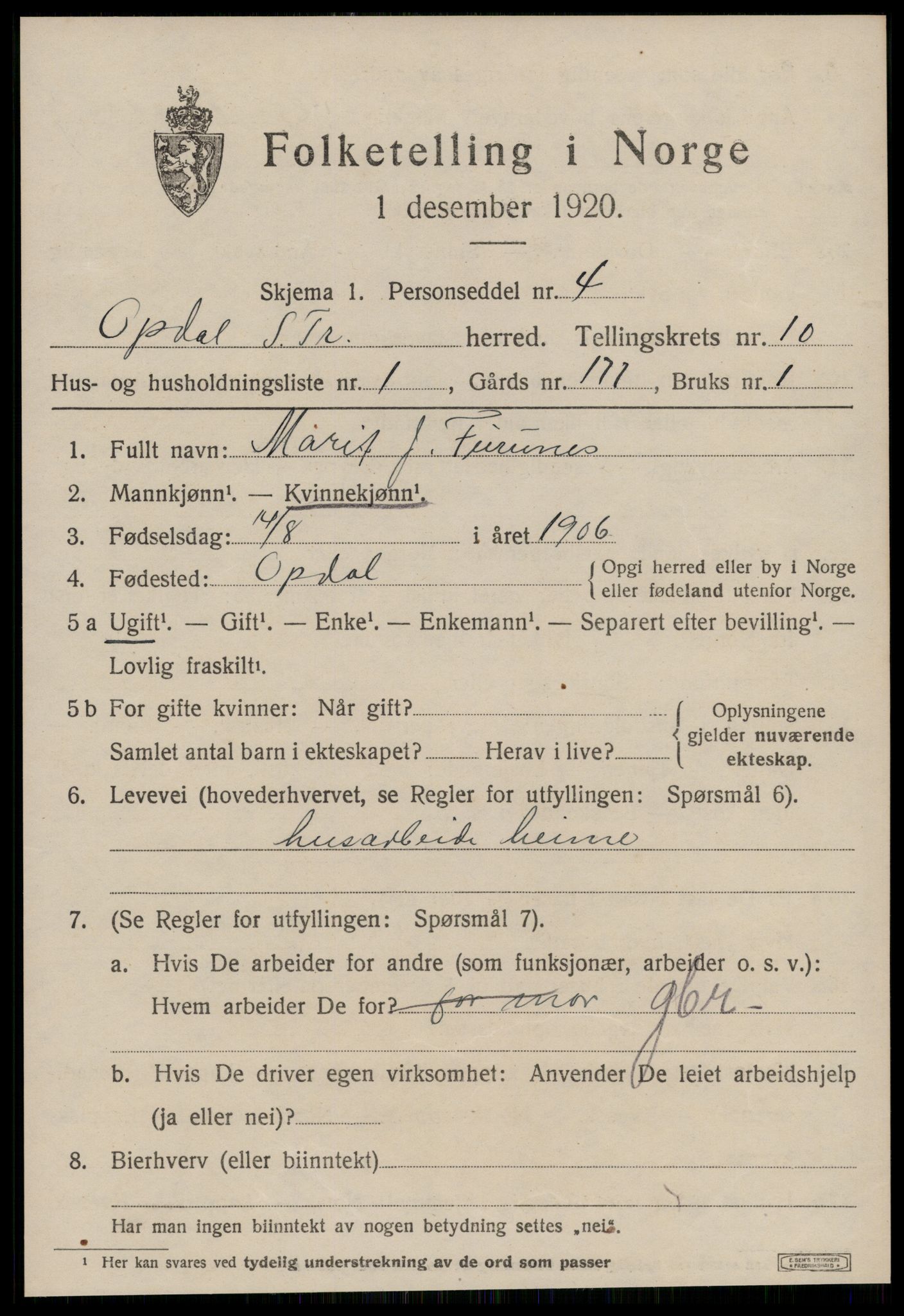 SAT, 1920 census for Oppdal, 1920, p. 8155