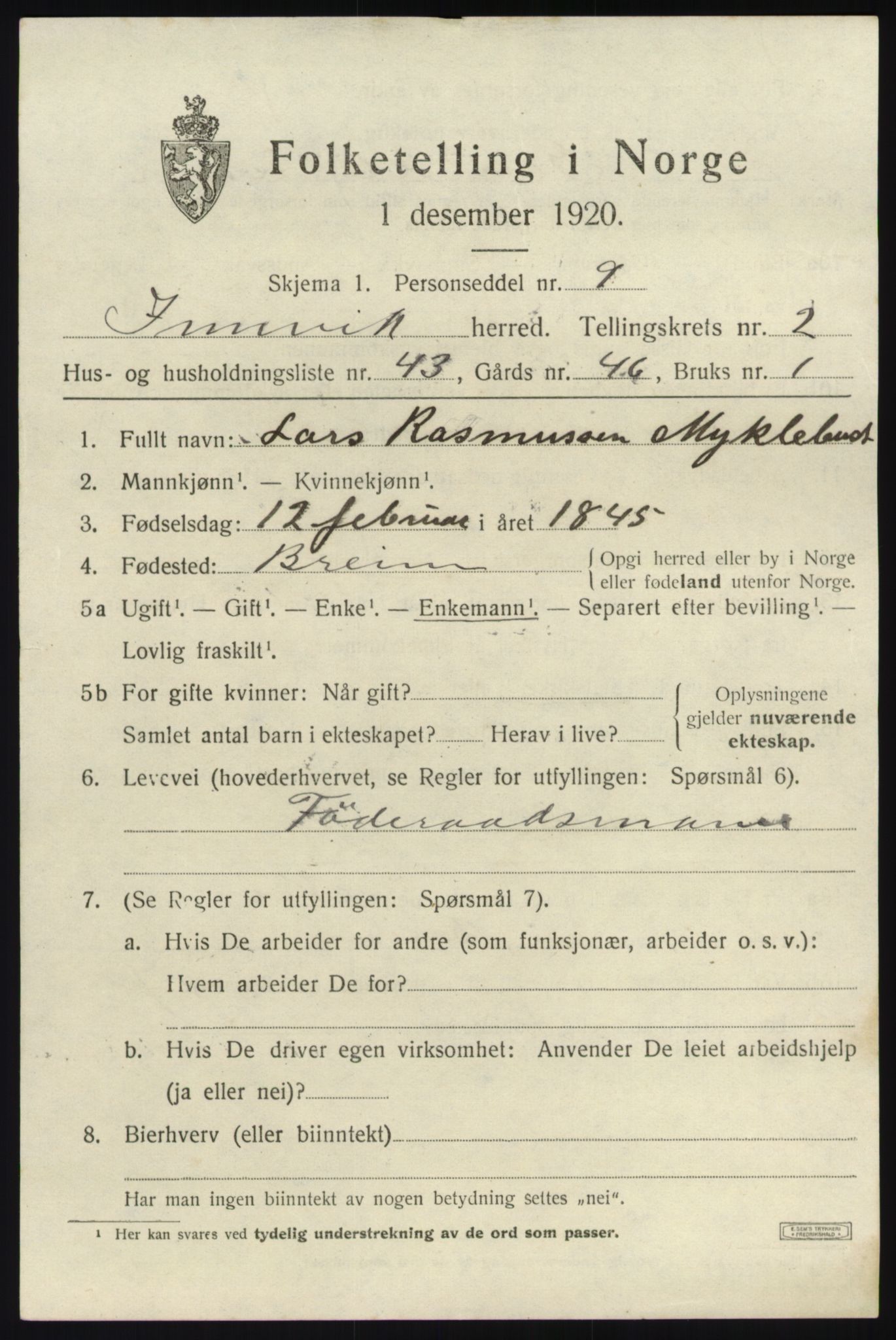 SAB, 1920 census for Innvik, 1920, p. 1757