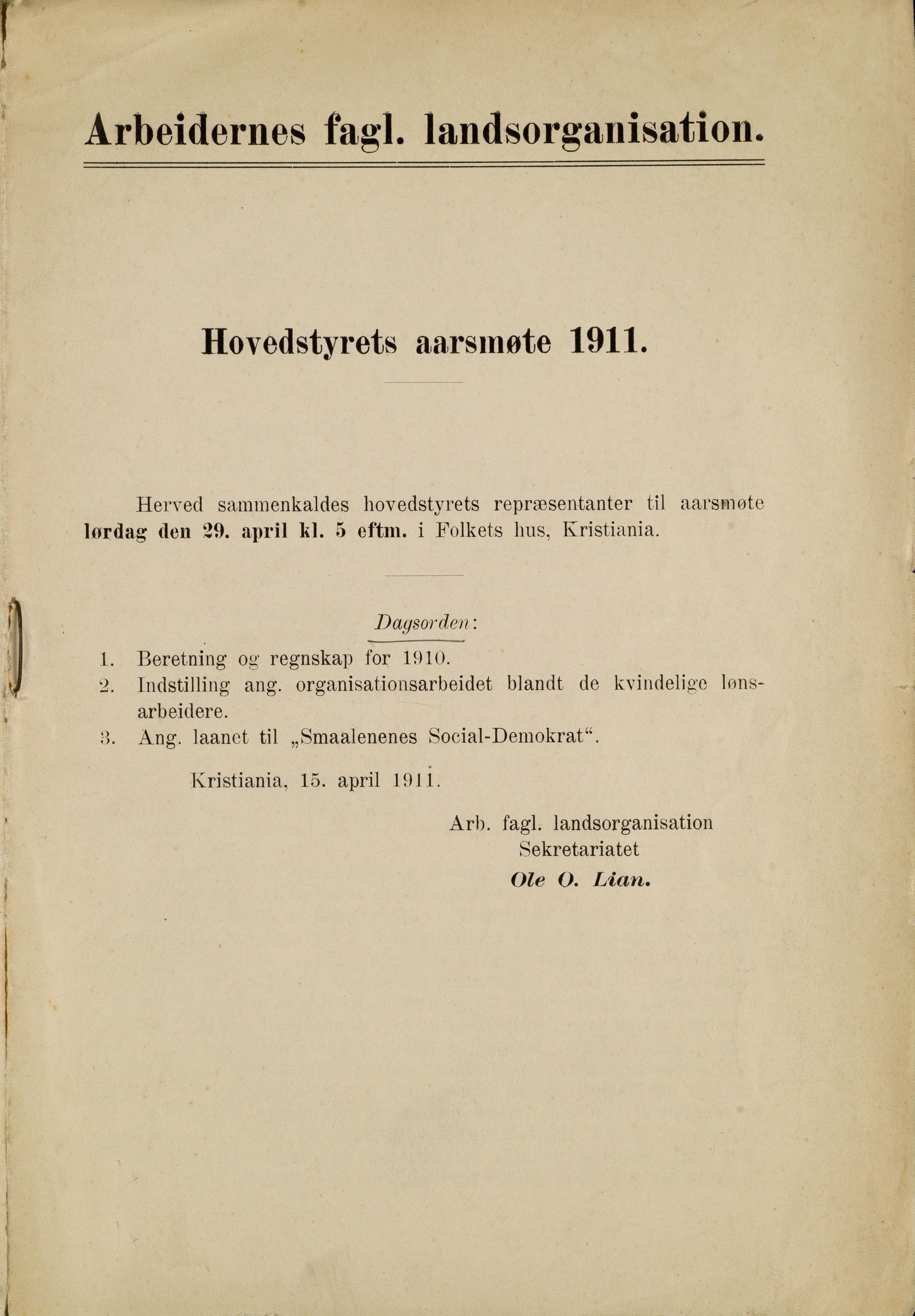Landsorganisasjonen i Norge, AAB/ARK-1579, 1911-1953, p. 1