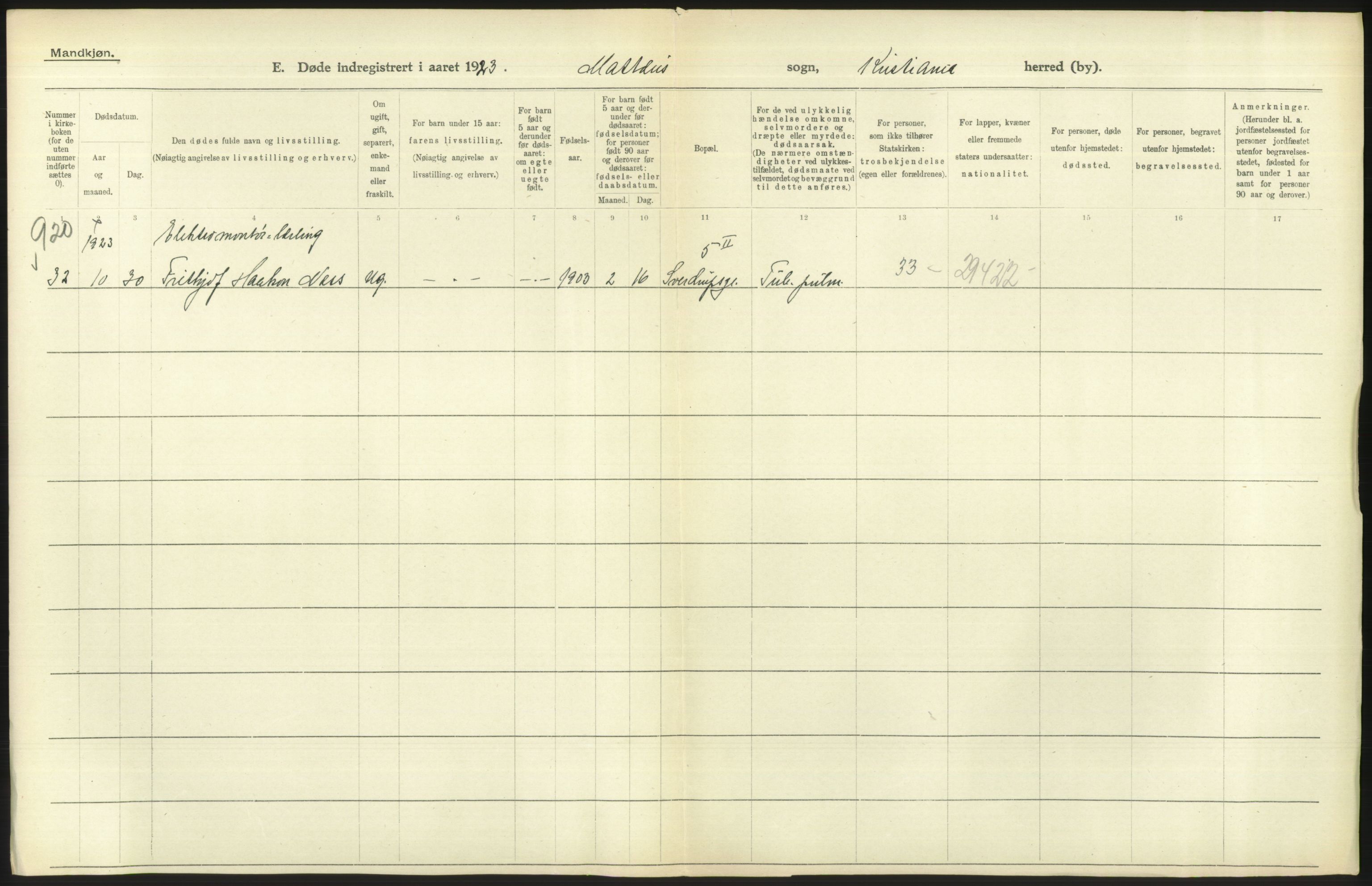 Statistisk sentralbyrå, Sosiodemografiske emner, Befolkning, AV/RA-S-2228/D/Df/Dfc/Dfcc/L0010: Kristiania: Døde, dødfødte, 1923, p. 472