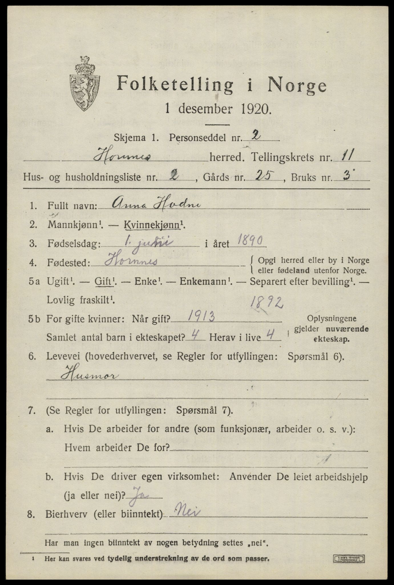 SAK, 1920 census for Hornnes, 1920, p. 2647