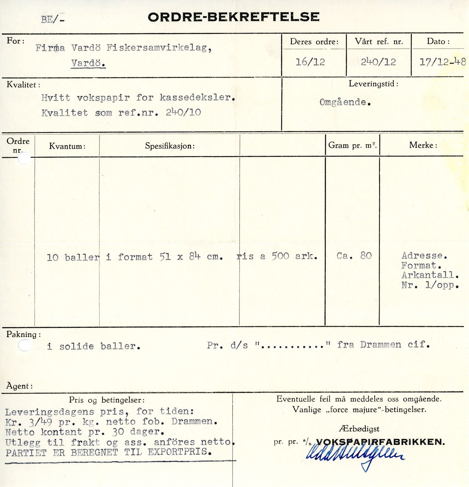 Vardø Fiskersamvirkelag, VAMU/A-0037/D/Da/L0003: Korrespondanse Fi-Kj, 1947-1950