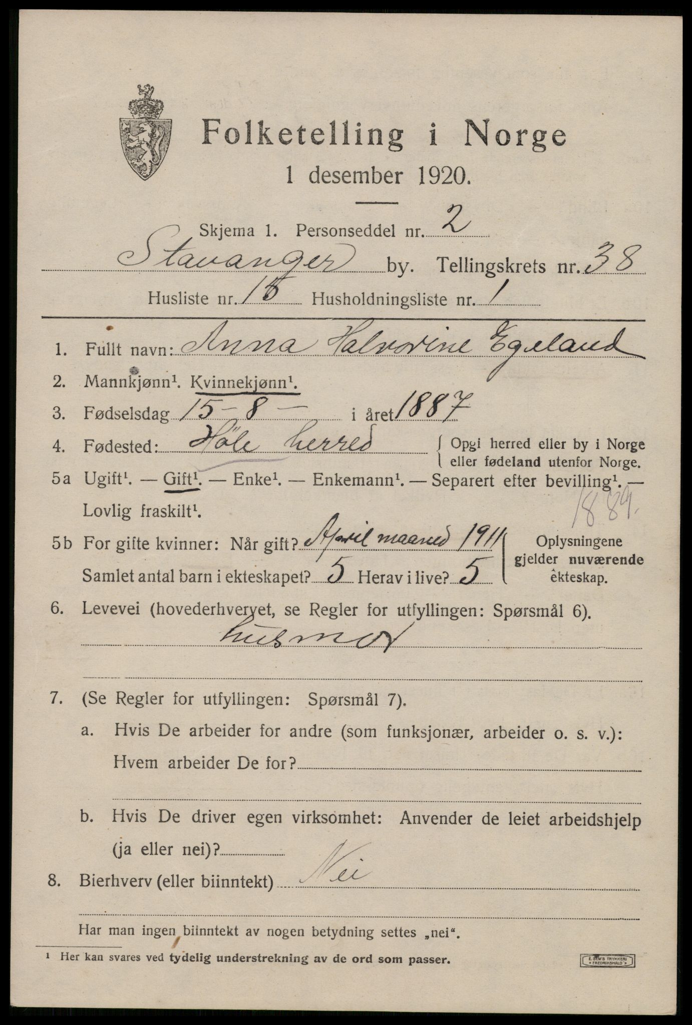 SAST, 1920 census for Stavanger, 1920, p. 99450