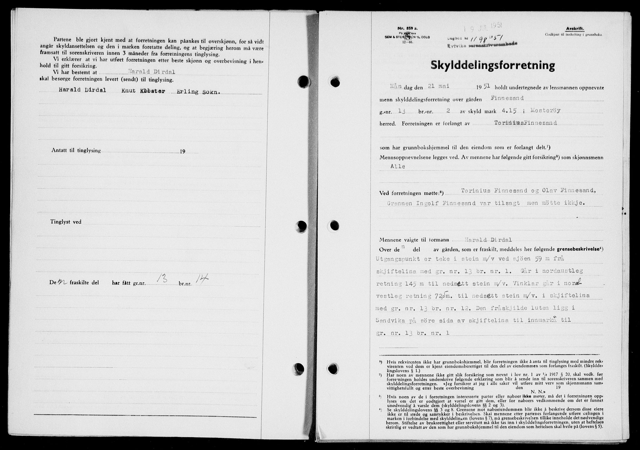 Ryfylke tingrett, SAST/A-100055/001/II/IIB/L0114: Mortgage book no. 93, 1951-1951, Diary no: : 1198/1951