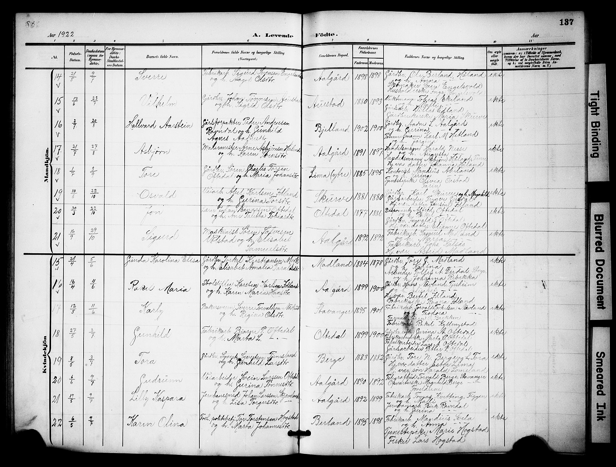 Lye sokneprestkontor, AV/SAST-A-101794/001/30BB/L0009: Parish register (copy) no. B 9, 1902-1923, p. 137