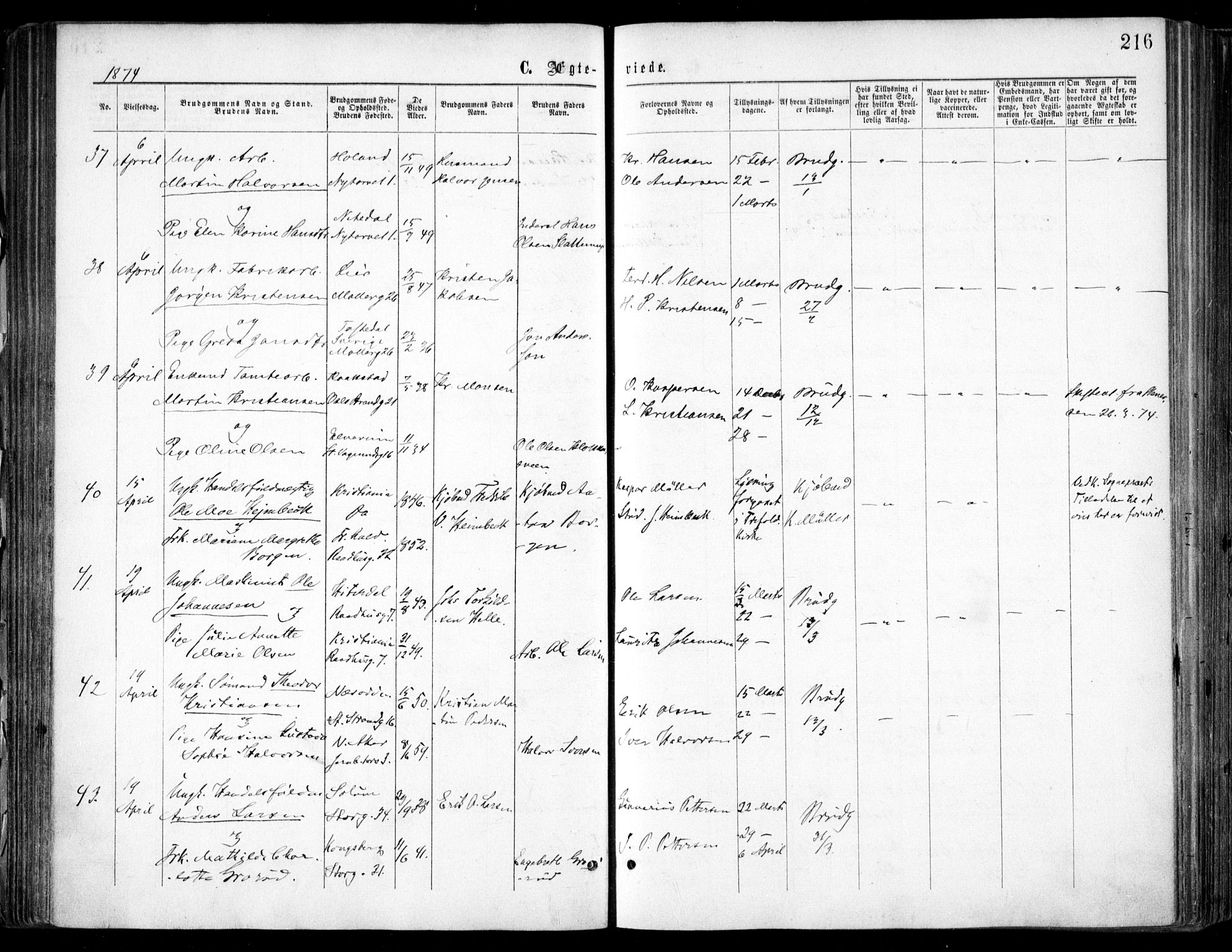 Oslo domkirke Kirkebøker, SAO/A-10752/F/Fa/L0021: Parish register (official) no. 21, 1865-1884, p. 216