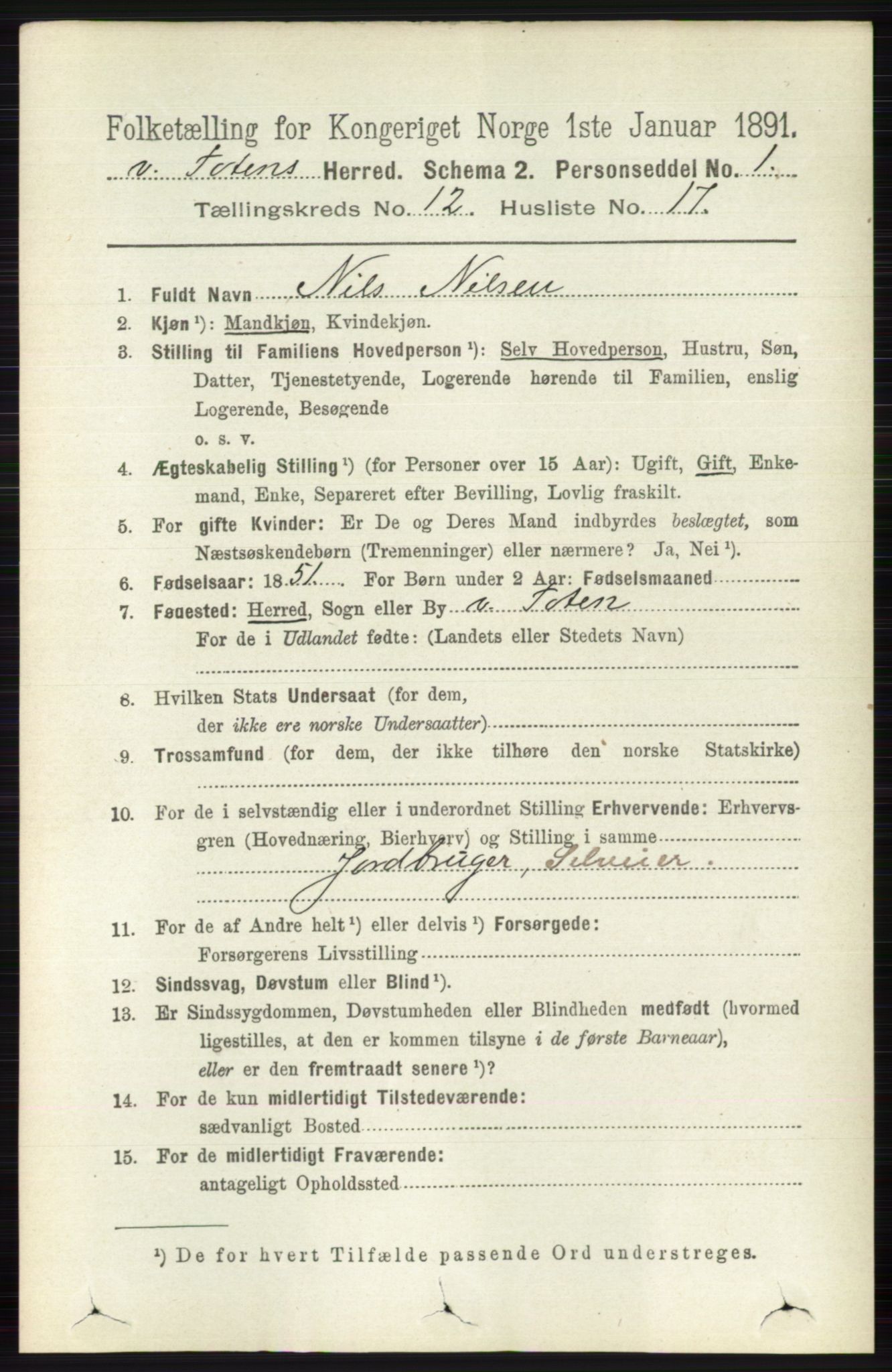 RA, 1891 census for 0529 Vestre Toten, 1891, p. 7381