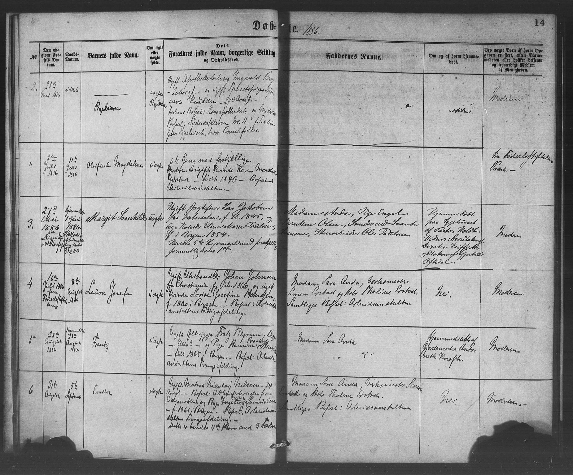 Bergen kommunale pleiehjem - stiftelsespresten, AV/SAB-A-100281: Parish register (official) no. A 1, 1874-1886, p. 14