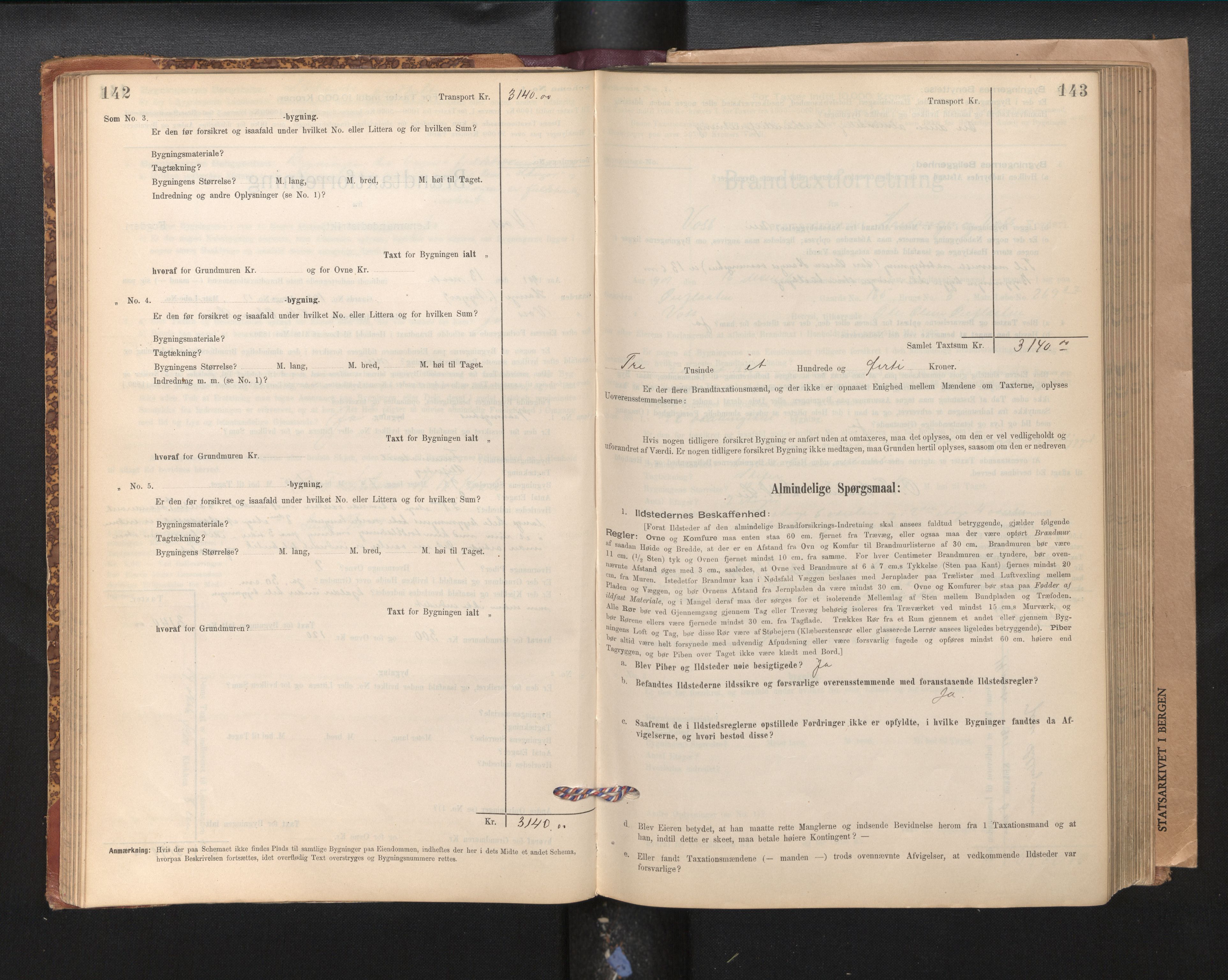 Lensmannen i Voss, SAB/A-35801/0012/L0008: Branntakstprotokoll, skjematakst, 1895-1945, p. 142-143