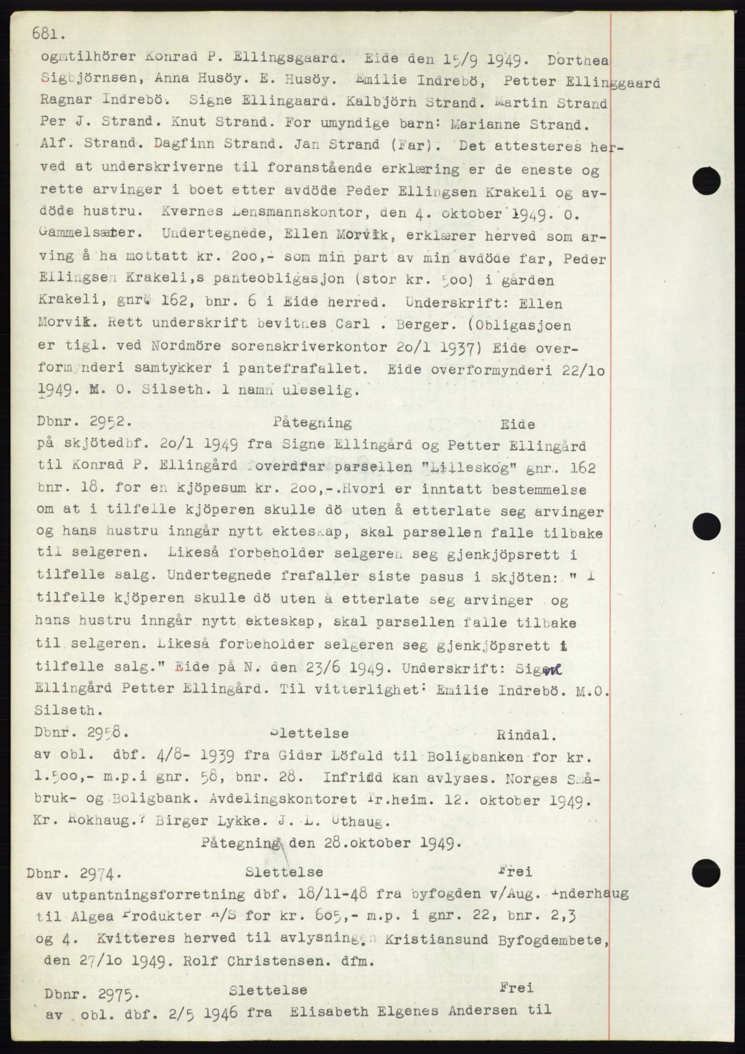 Nordmøre sorenskriveri, SAT/A-4132/1/2/2Ca: Mortgage book no. C82b, 1946-1951, Diary no: : 2952/1949