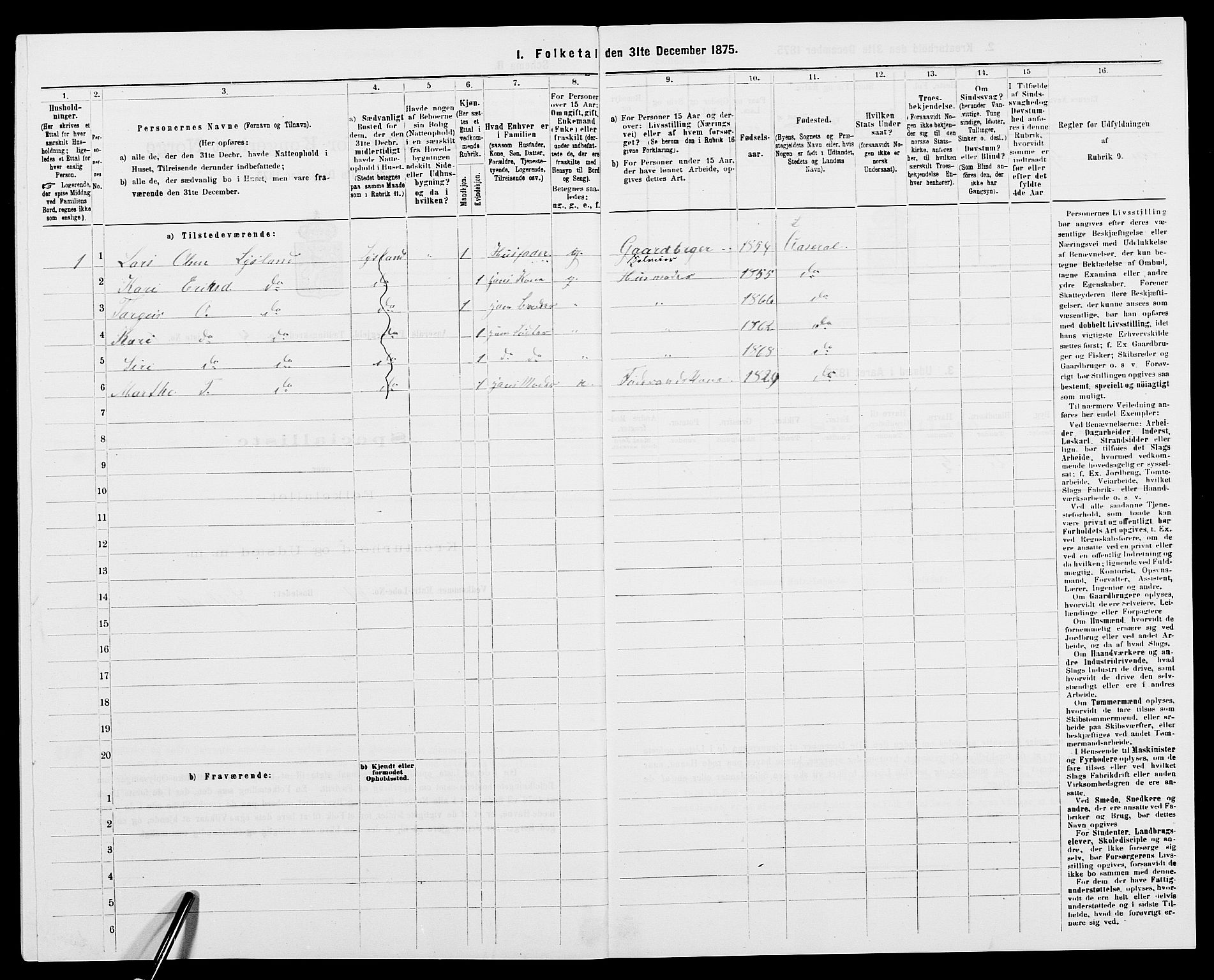 SAK, 1875 census for 0980P Åseral, 1875, p. 292