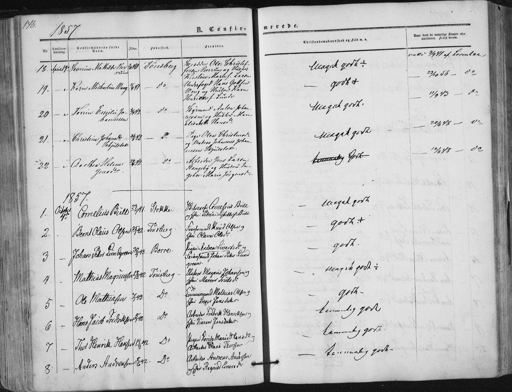 Tønsberg kirkebøker, AV/SAKO-A-330/F/Fa/L0008: Parish register (official) no. I 8, 1855-1864, p. 146