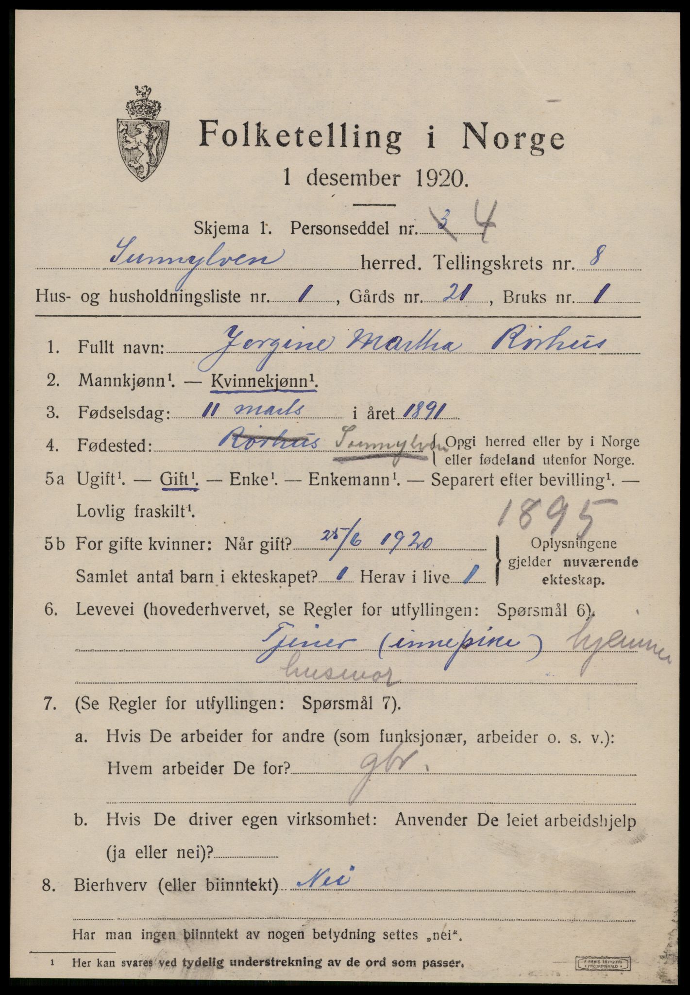 SAT, 1920 census for Sunnylven, 1920, p. 2780