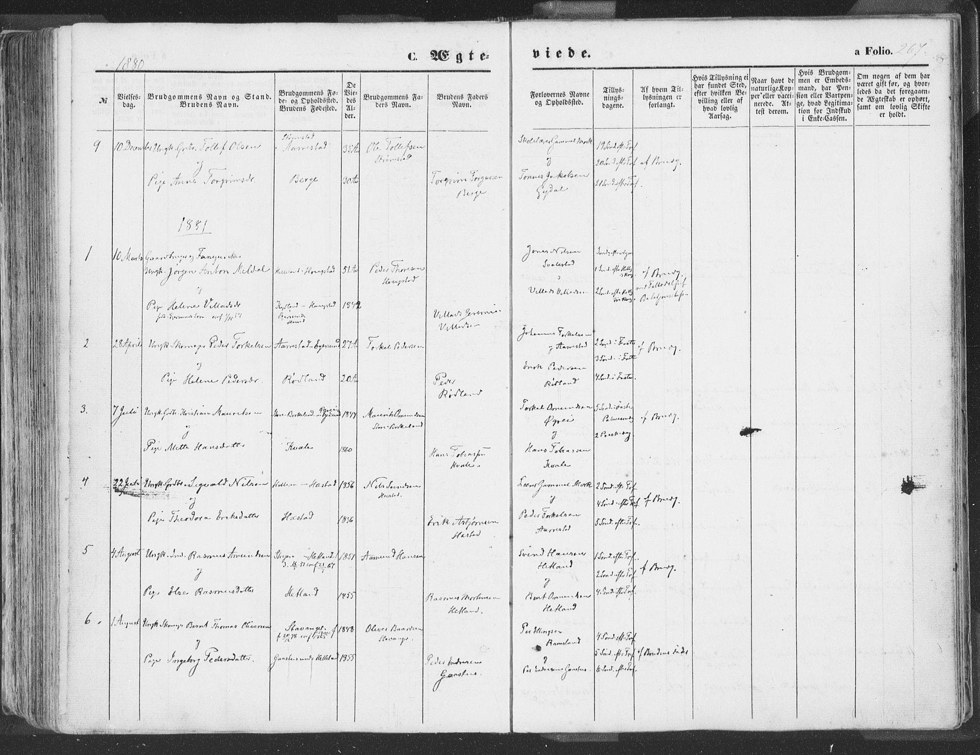 Helleland sokneprestkontor, SAST/A-101810: Parish register (official) no. A 7.1, 1863-1886, p. 267