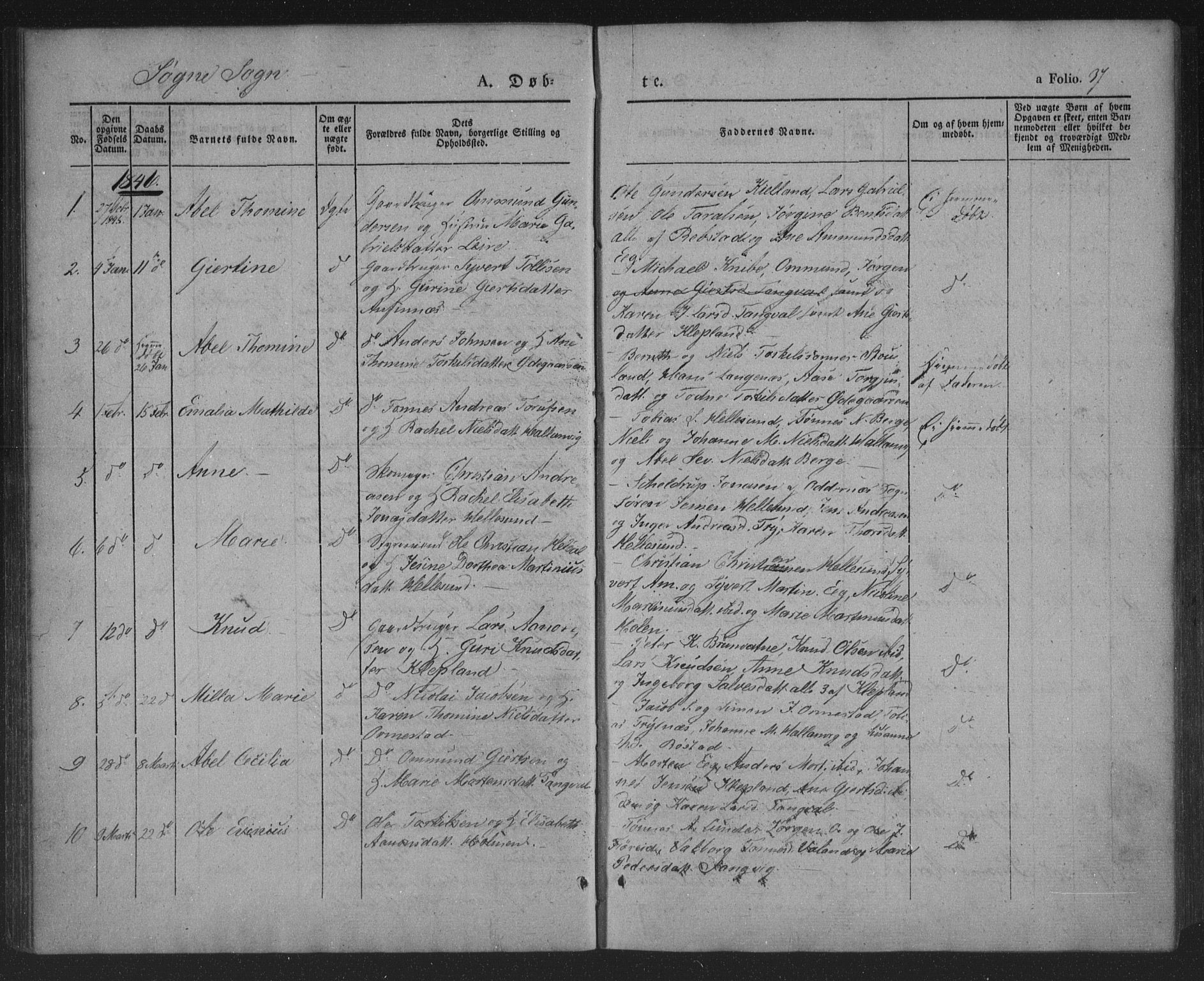 Søgne sokneprestkontor, AV/SAK-1111-0037/F/Fa/Fab/L0009: Parish register (official) no. A 9, 1838-1853, p. 37