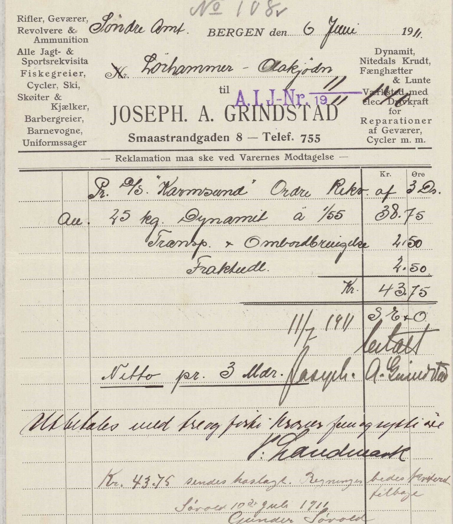 Finnaas kommune. Formannskapet, IKAH/1218a-021/E/Ea/L0001/0003: Rekneskap for veganlegg / Rekneskap for veganlegget Laurhammer - Olakjødn, 1909-1911, p. 77