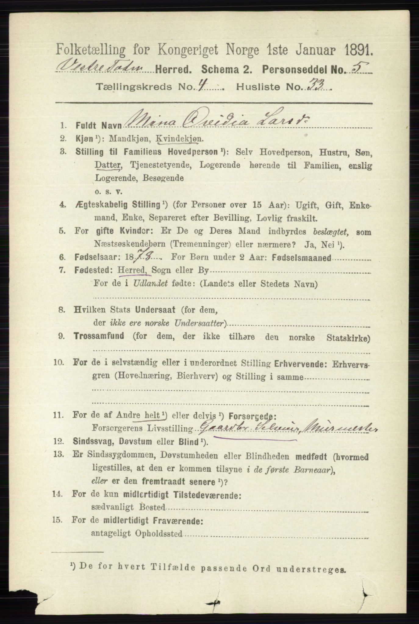 RA, 1891 census for 0529 Vestre Toten, 1891, p. 2899