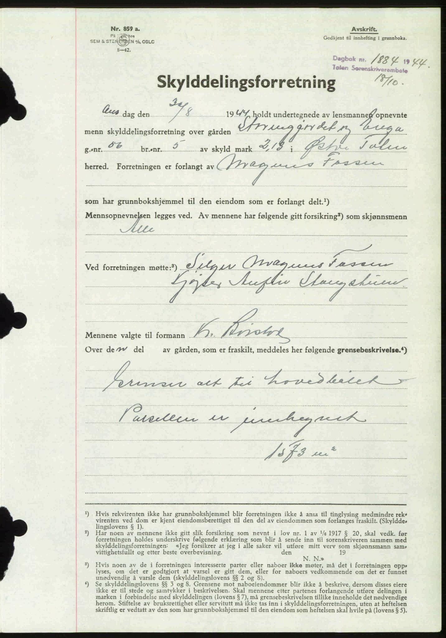 Toten tingrett, AV/SAH-TING-006/H/Hb/Hbc/L0012: Mortgage book no. Hbc-12, 1944-1944, Diary no: : 1884/1944