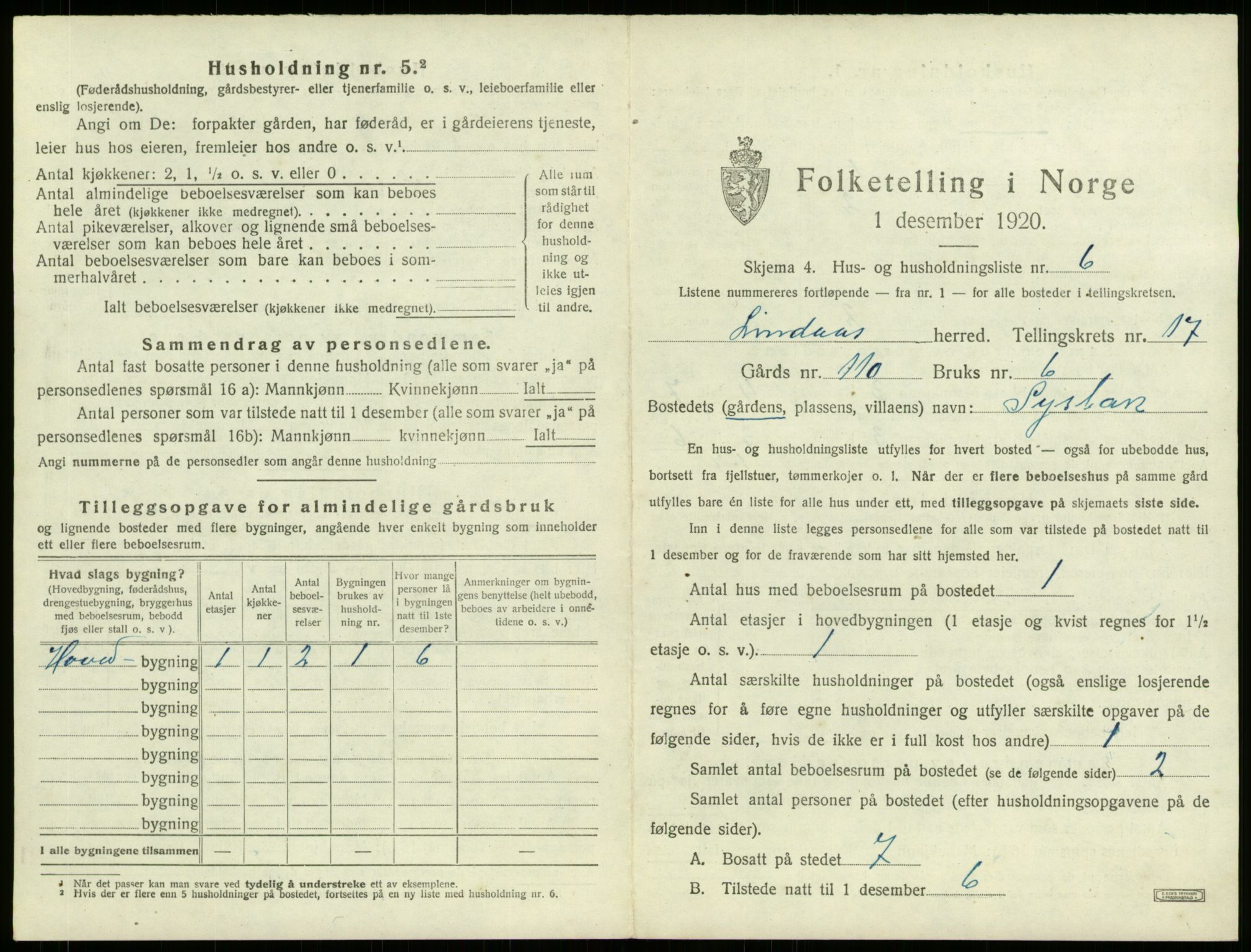 SAB, 1920 census for Lindås, 1920, p. 1231