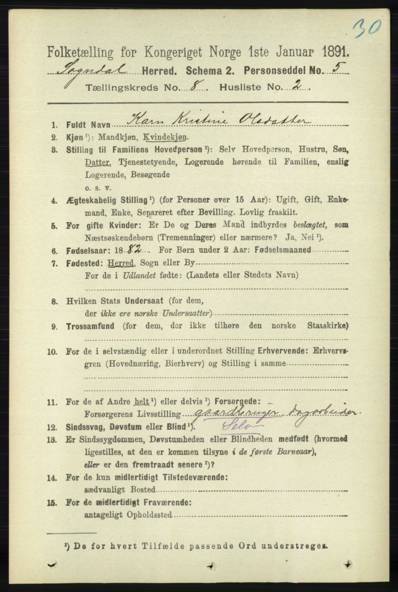 RA, 1891 census for 1111 Sokndal, 1891, p. 2698