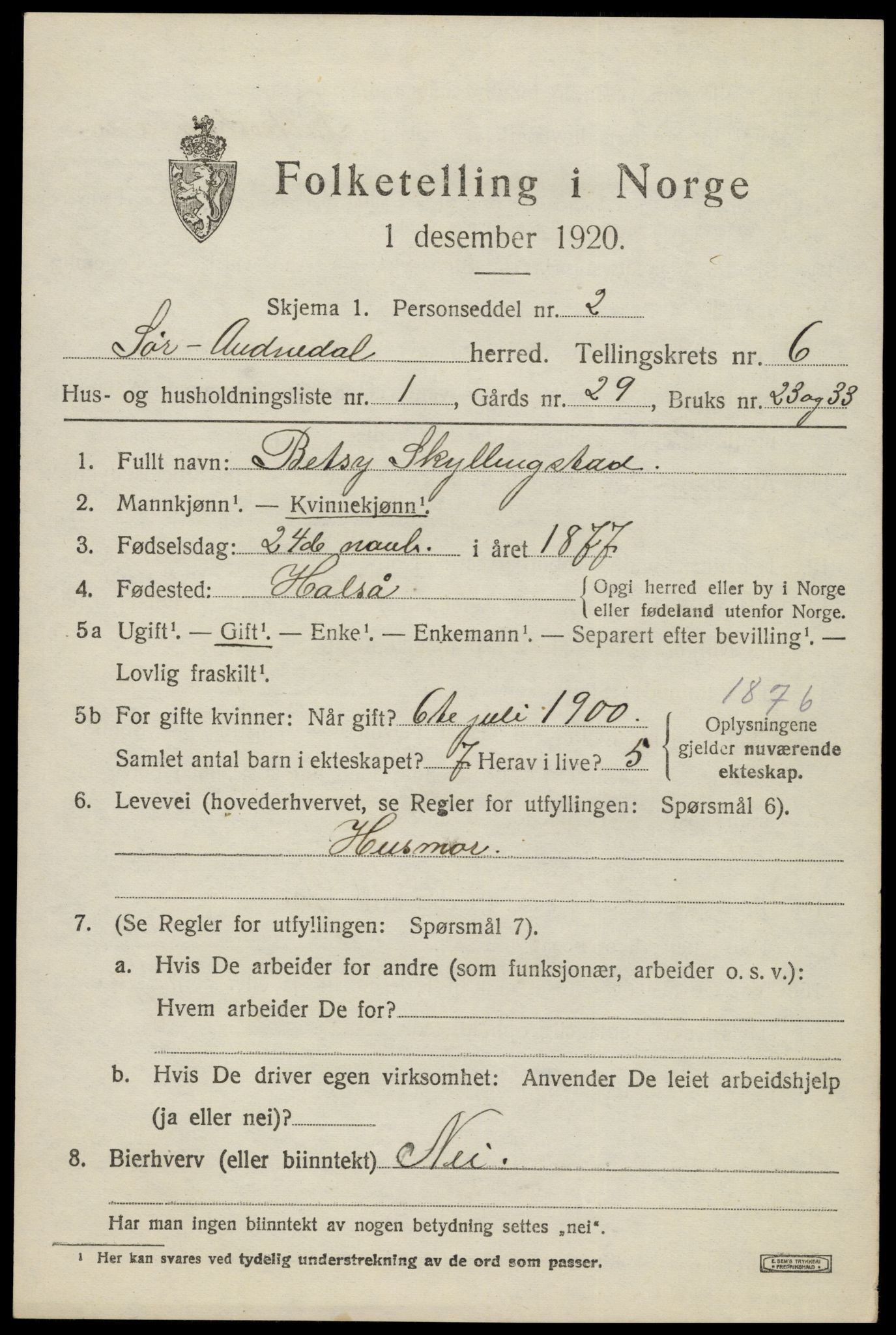 SAK, 1920 census for Sør-Audnedal, 1920, p. 2693