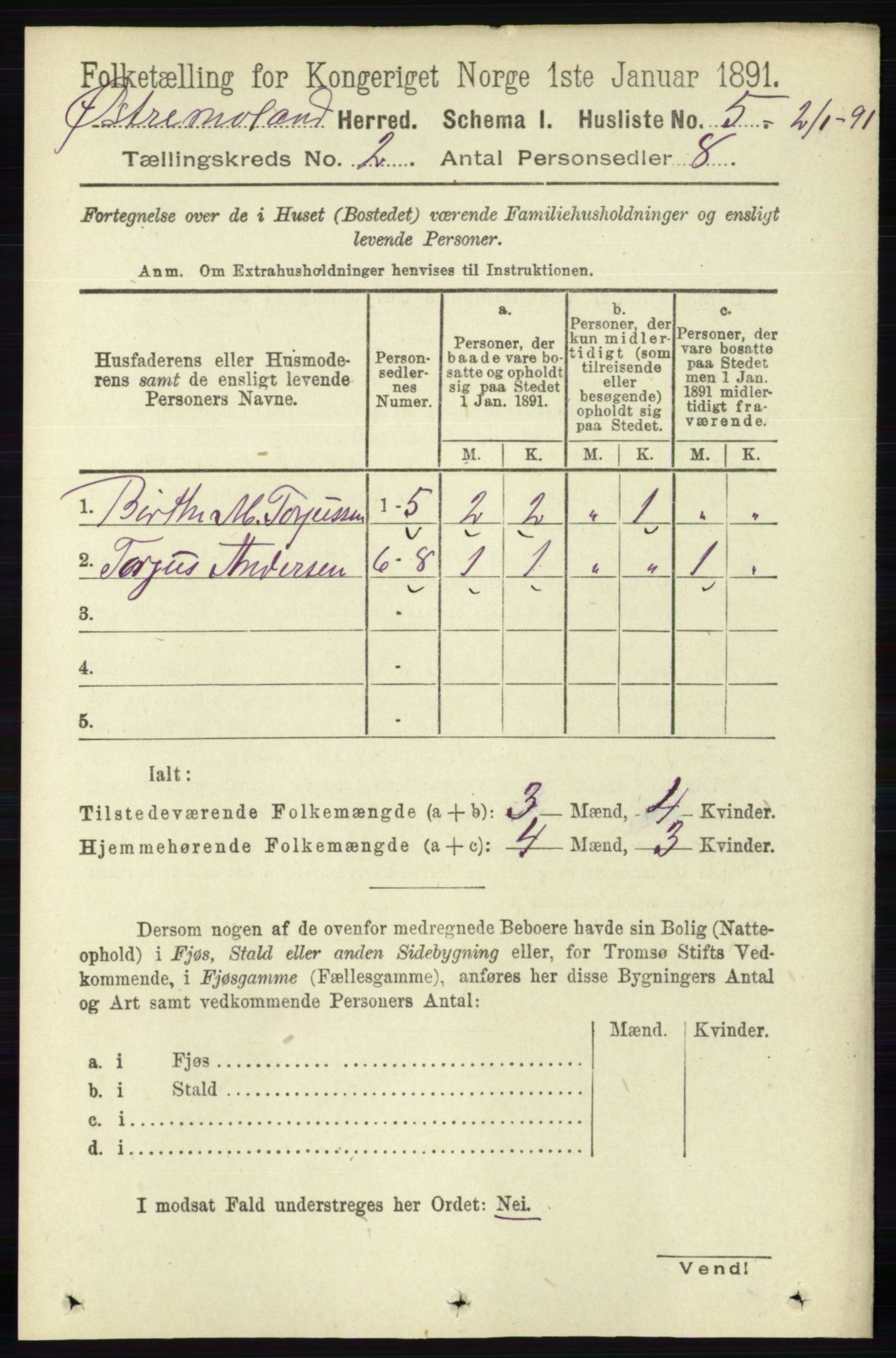 RA, 1891 census for 0918 Austre Moland, 1891, p. 569