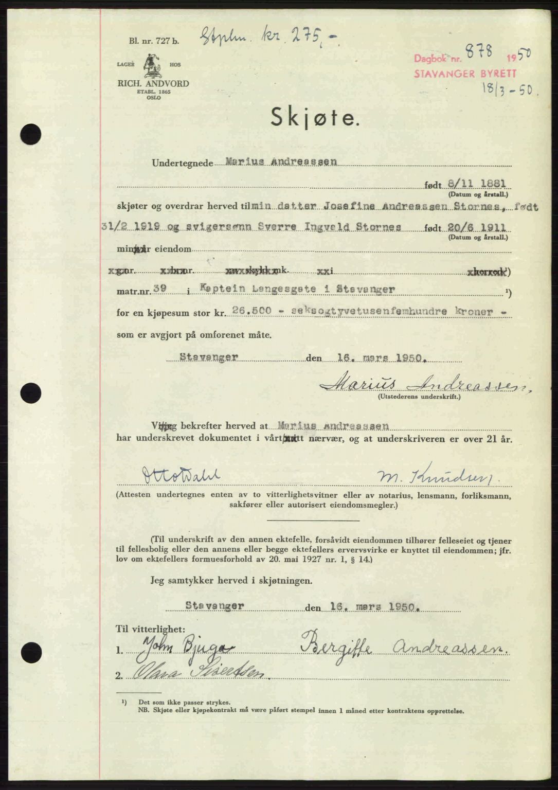 Stavanger byrett, SAST/A-100455/002/G/Gb/L0024: Mortgage book no. A13, 1949-1950, Diary no: : 878/1950