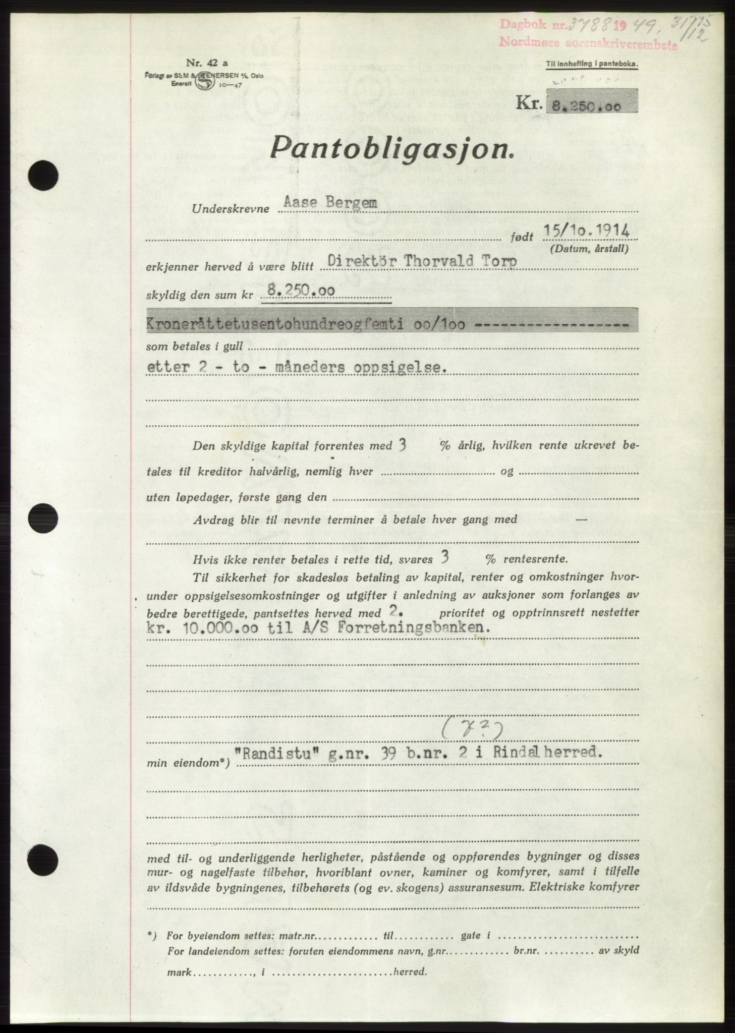 Nordmøre sorenskriveri, AV/SAT-A-4132/1/2/2Ca: Mortgage book no. B103, 1949-1950, Diary no: : 3788/1949