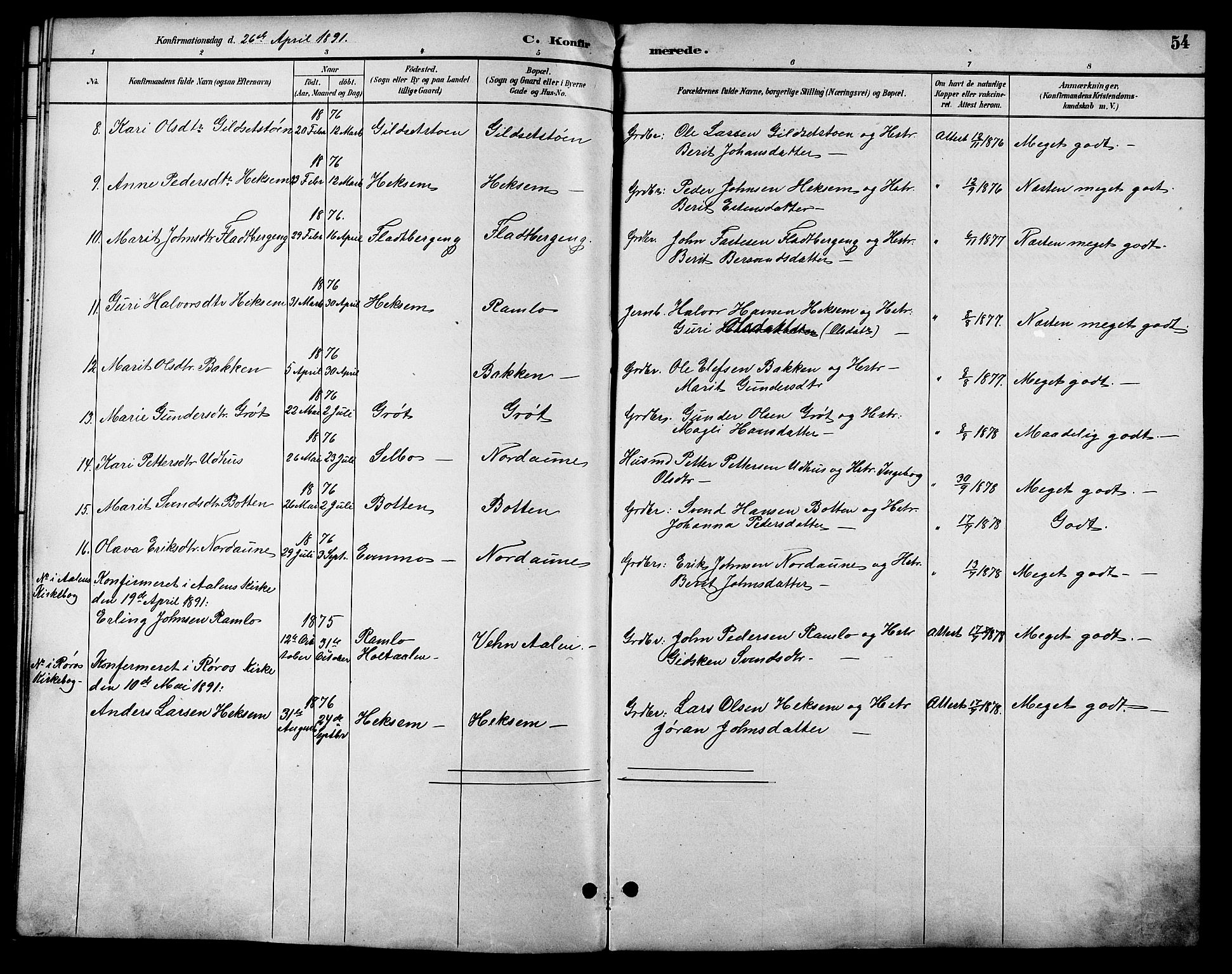 Ministerialprotokoller, klokkerbøker og fødselsregistre - Sør-Trøndelag, SAT/A-1456/685/L0978: Parish register (copy) no. 685C03, 1891-1907, p. 54